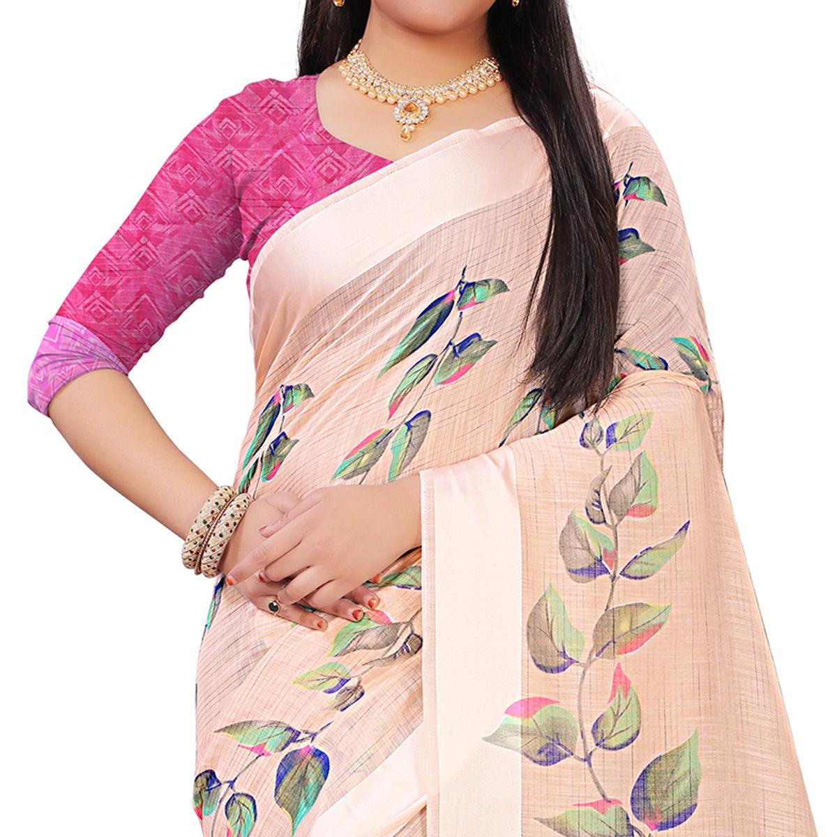 Pleasant Peach Colored Casual Floral Printed Linen Saree - Peachmode