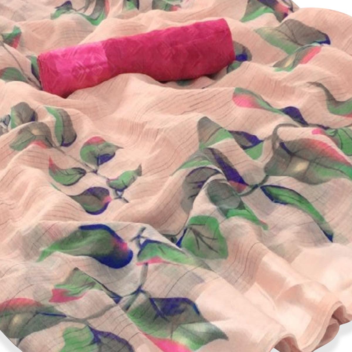 Pleasant Peach Colored Casual Floral Printed Linen Saree - Peachmode