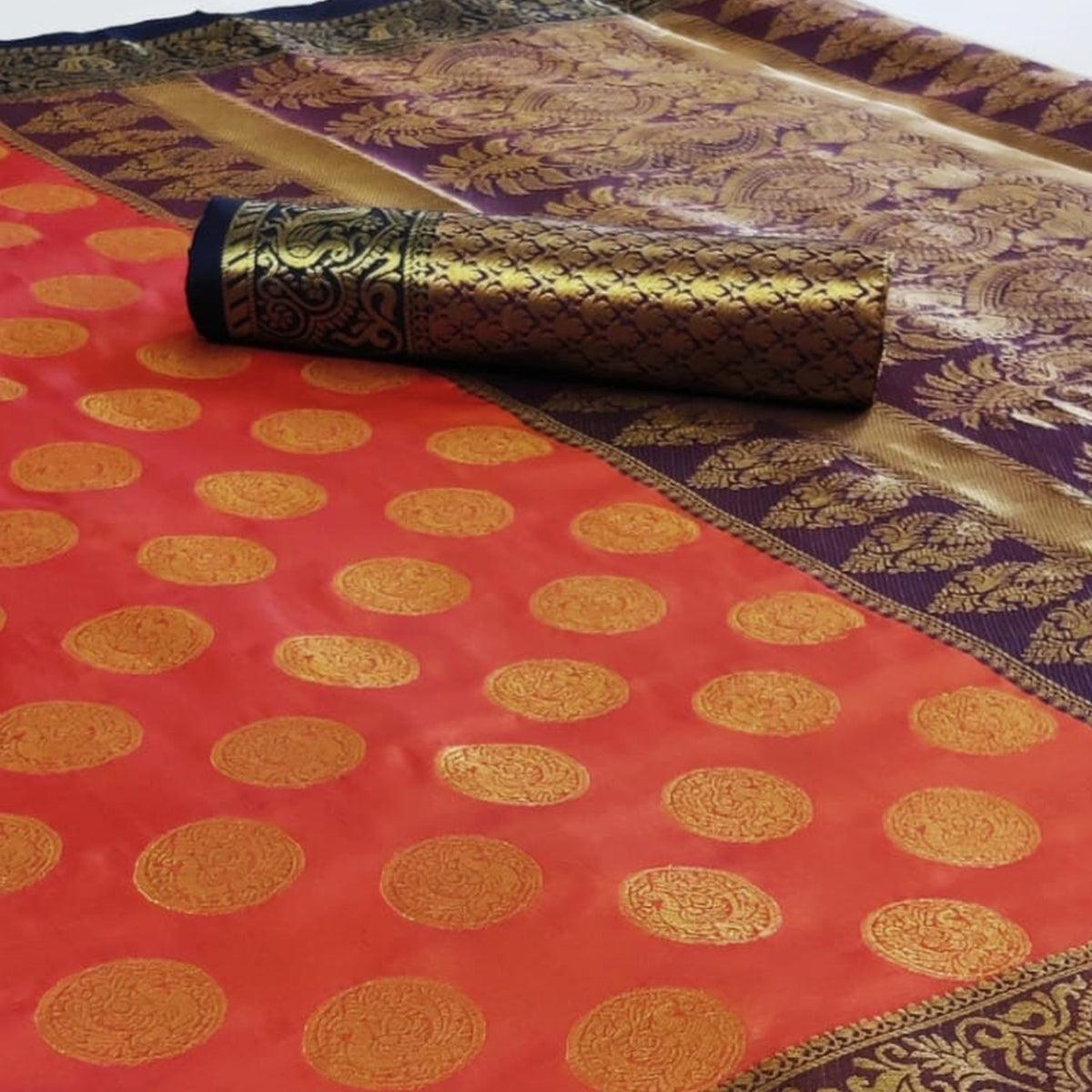Pleasant Peach Colored Festive Wear Woven Heavy Silk Saree - Peachmode