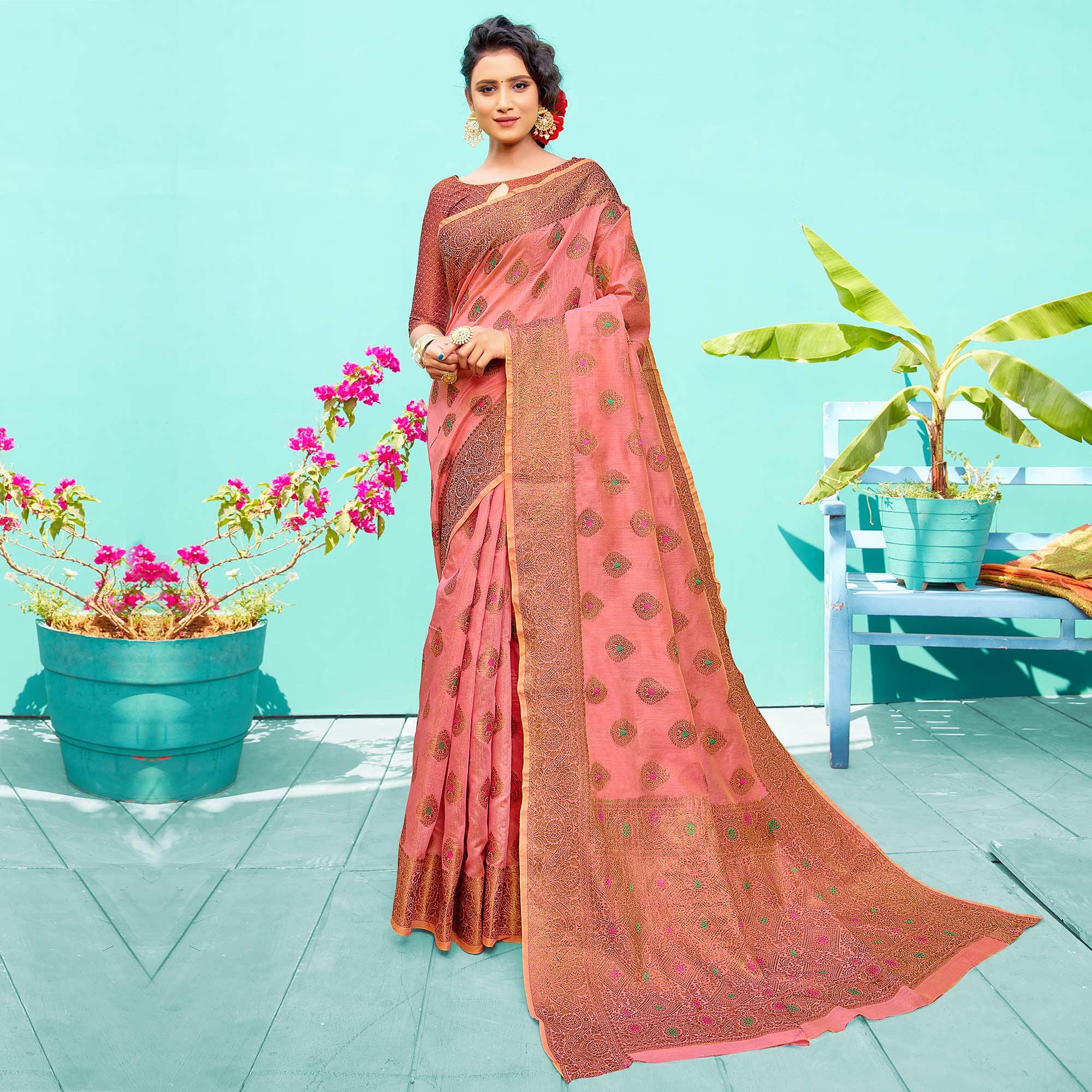 Pleasant Peach Festive Wear Woven Designer Silk Saree - Peachmode