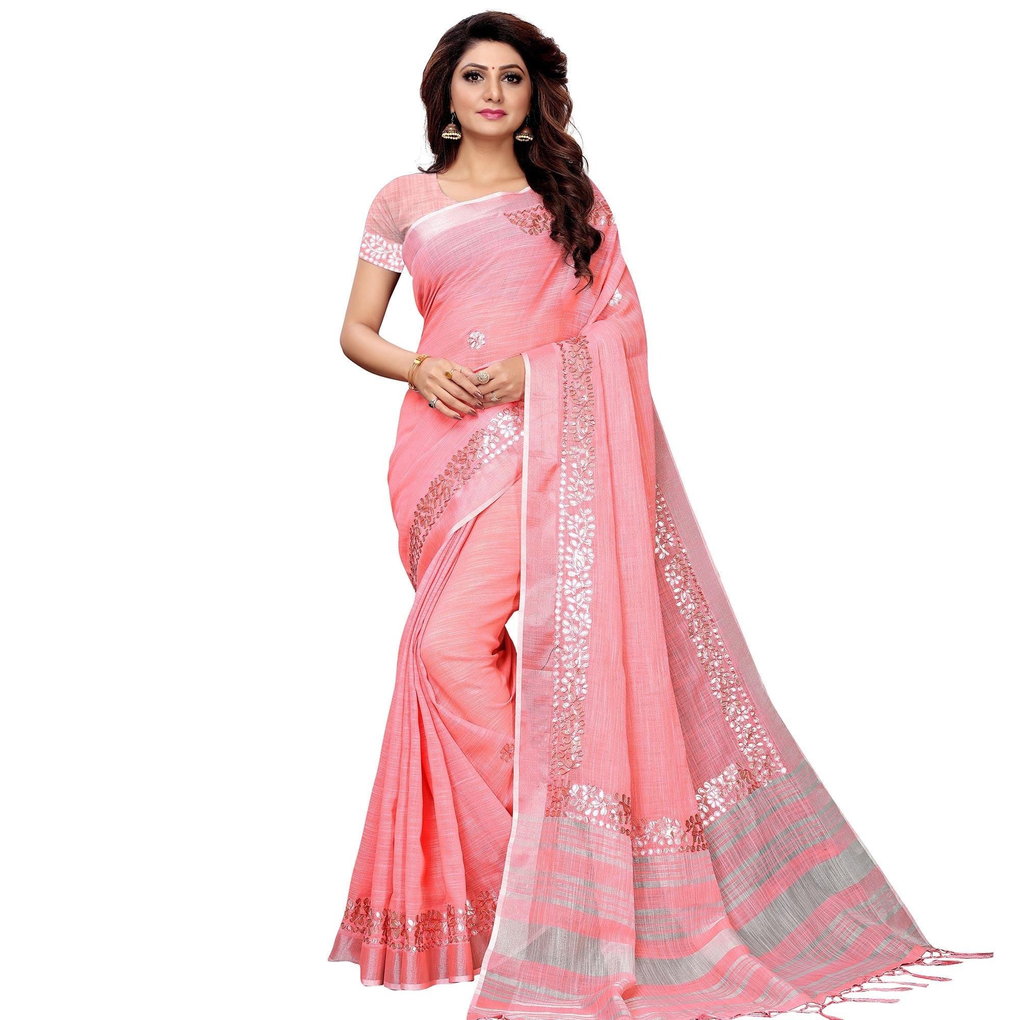 Pleasant Pink Colored Festive Wear Linen Saree - Peachmode
