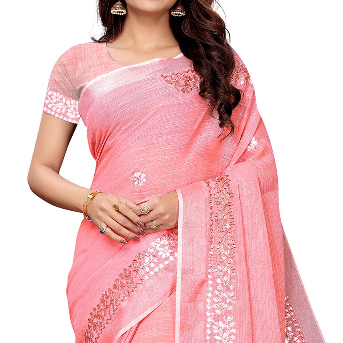 Pleasant Pink Colored Festive Wear Linen Saree - Peachmode