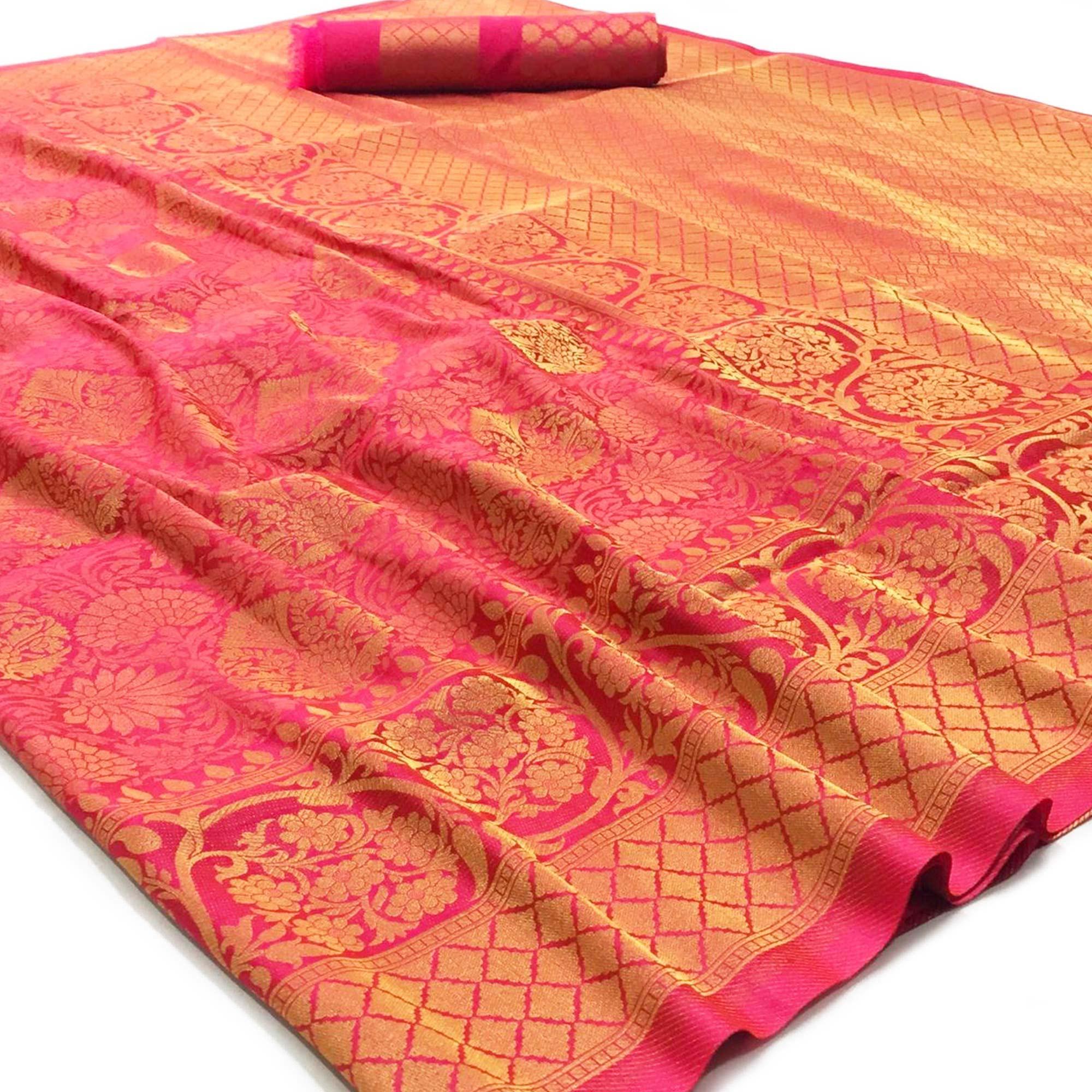 Pleasant Pink Colored Festive Wear Woven Art Silk Saree - Peachmode