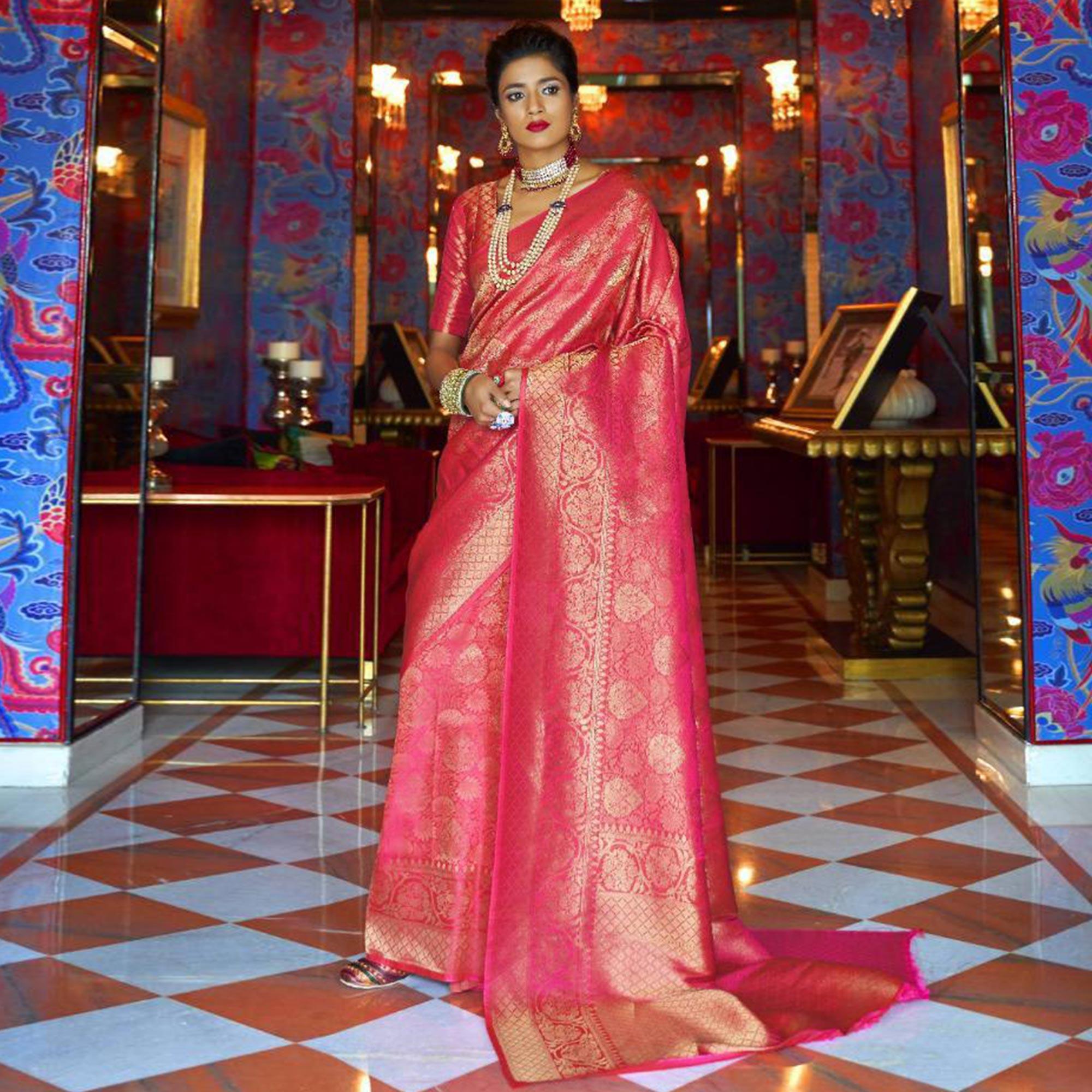 Pleasant Pink Colored Festive Wear Woven Art Silk Saree - Peachmode
