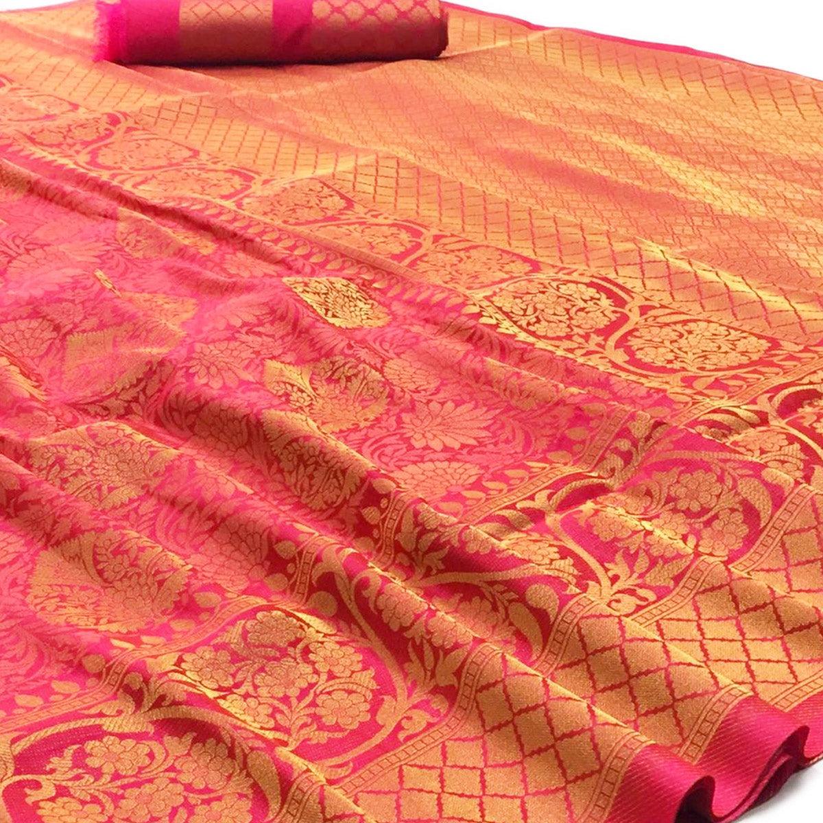 Pleasant Pink Colored Festive Wear Woven Art Silk Saree - Peachmode