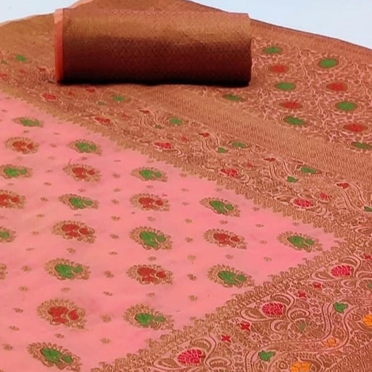 Pleasant Pink Colored Festive Wear Woven Cotton Saree - Peachmode