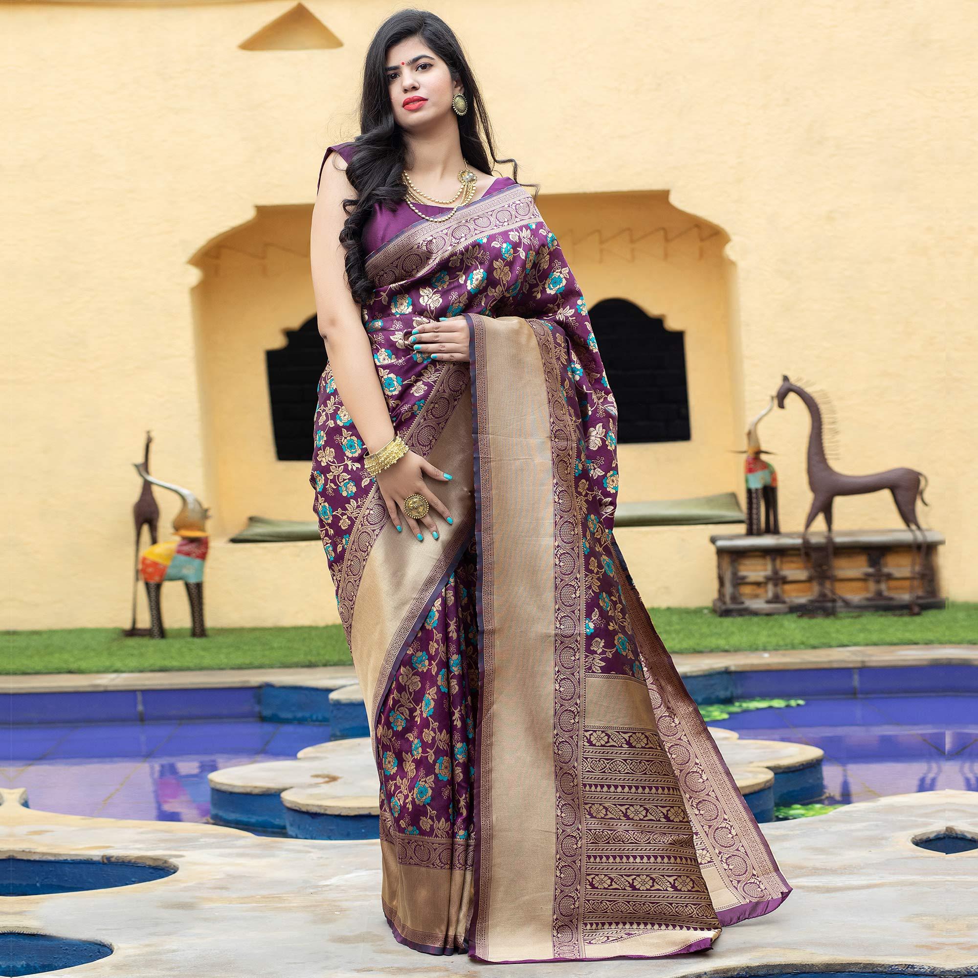 Pleasant Purple Coloured Embroidered Partywear Banarasi Silk Saree - Peachmode