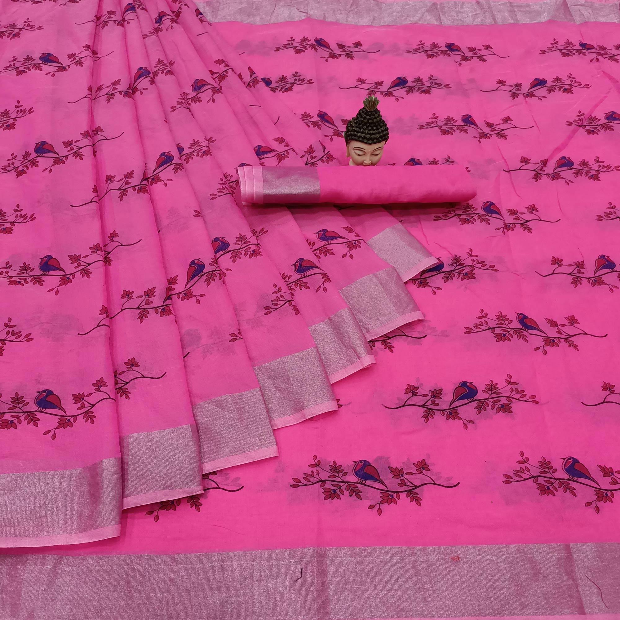 Pleasant Rani Pink Colored Casual Wear Block Printed Cotton Linen Saree - Peachmode