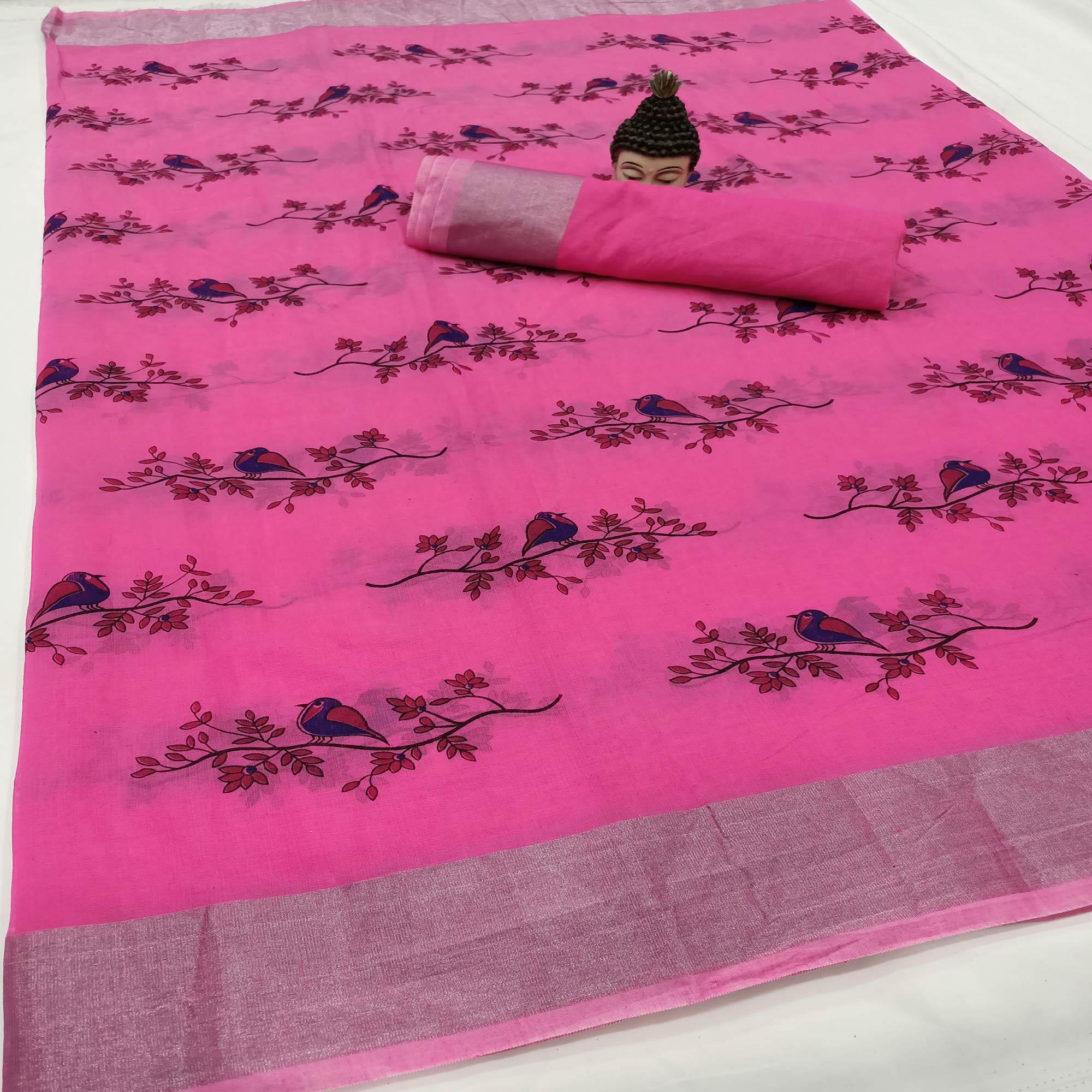 Pleasant Rani Pink Colored Casual Wear Block Printed Cotton Linen Saree - Peachmode