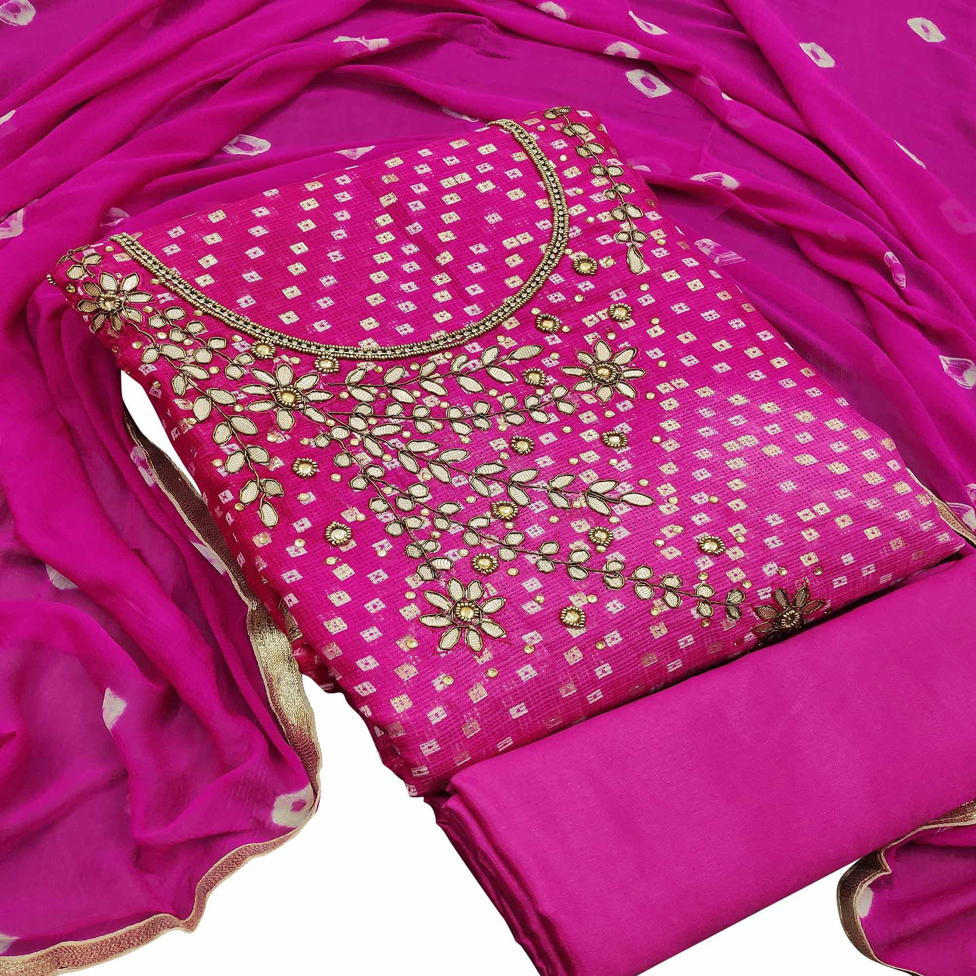 Pleasant Rani Pink Colored Partywear Embroidered Heavy Banarasi Silk Dress Material - Peachmode