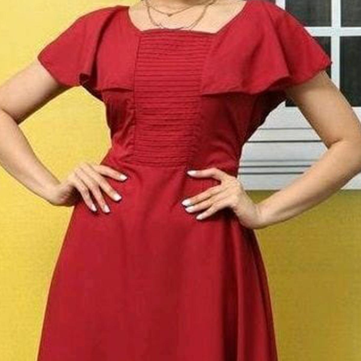 Pleasant Red Colored Casual Wear Solid Crepe Long Kurti - Peachmode