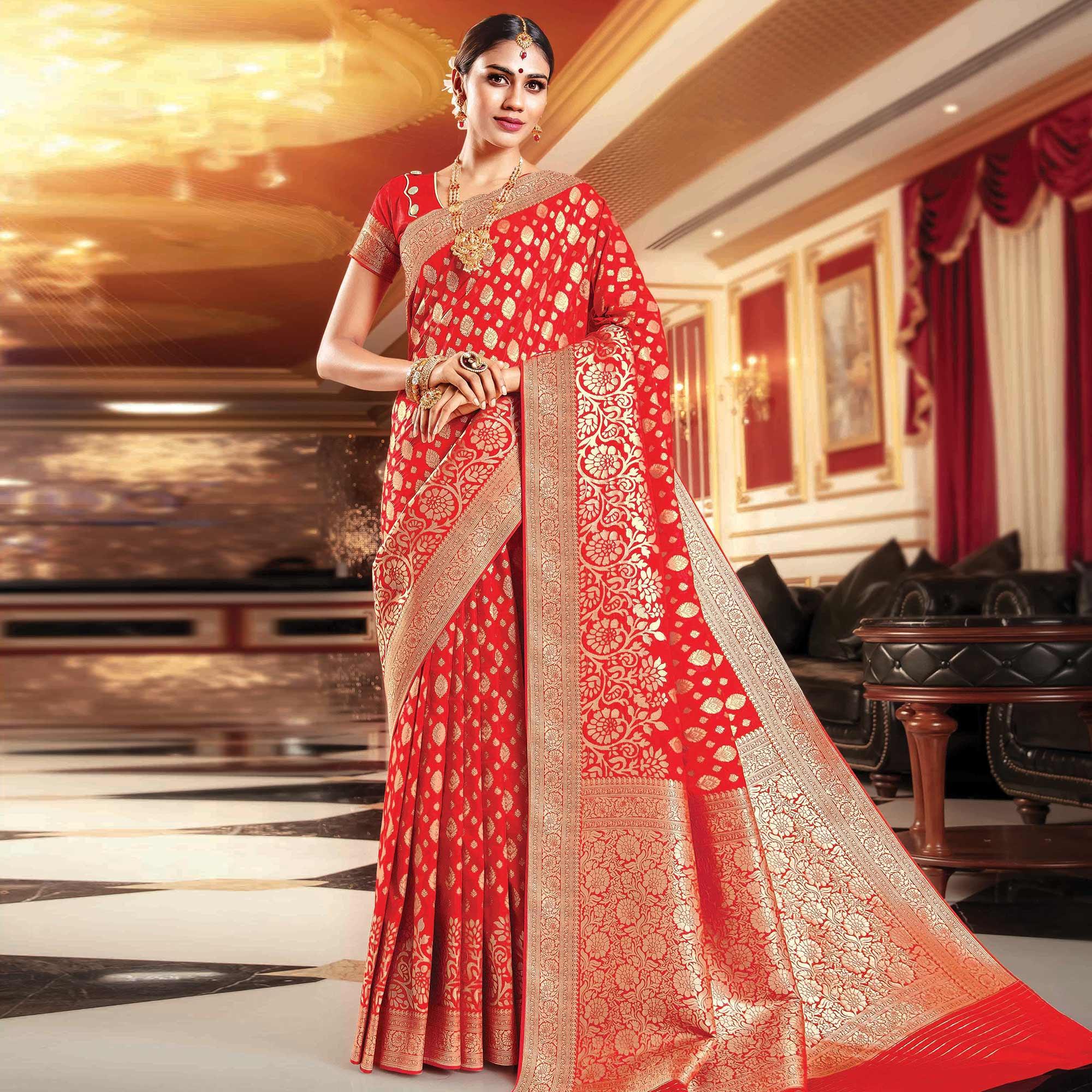 Pleasant Red Colored Festive Wear Woven Banarasi Silk Saree - Peachmode