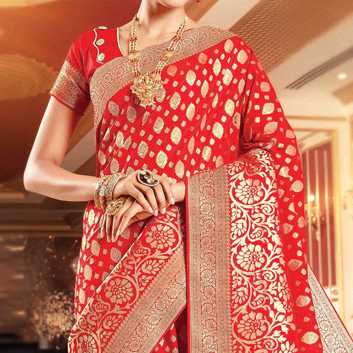 Pleasant Red Colored Festive Wear Woven Banarasi Silk Saree - Peachmode