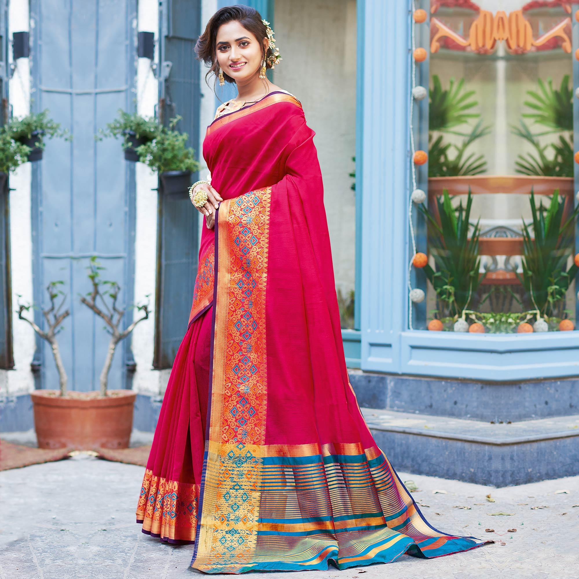 Pleasant Red Colored Festive Wear Woven Cotton Silk Saree - Peachmode