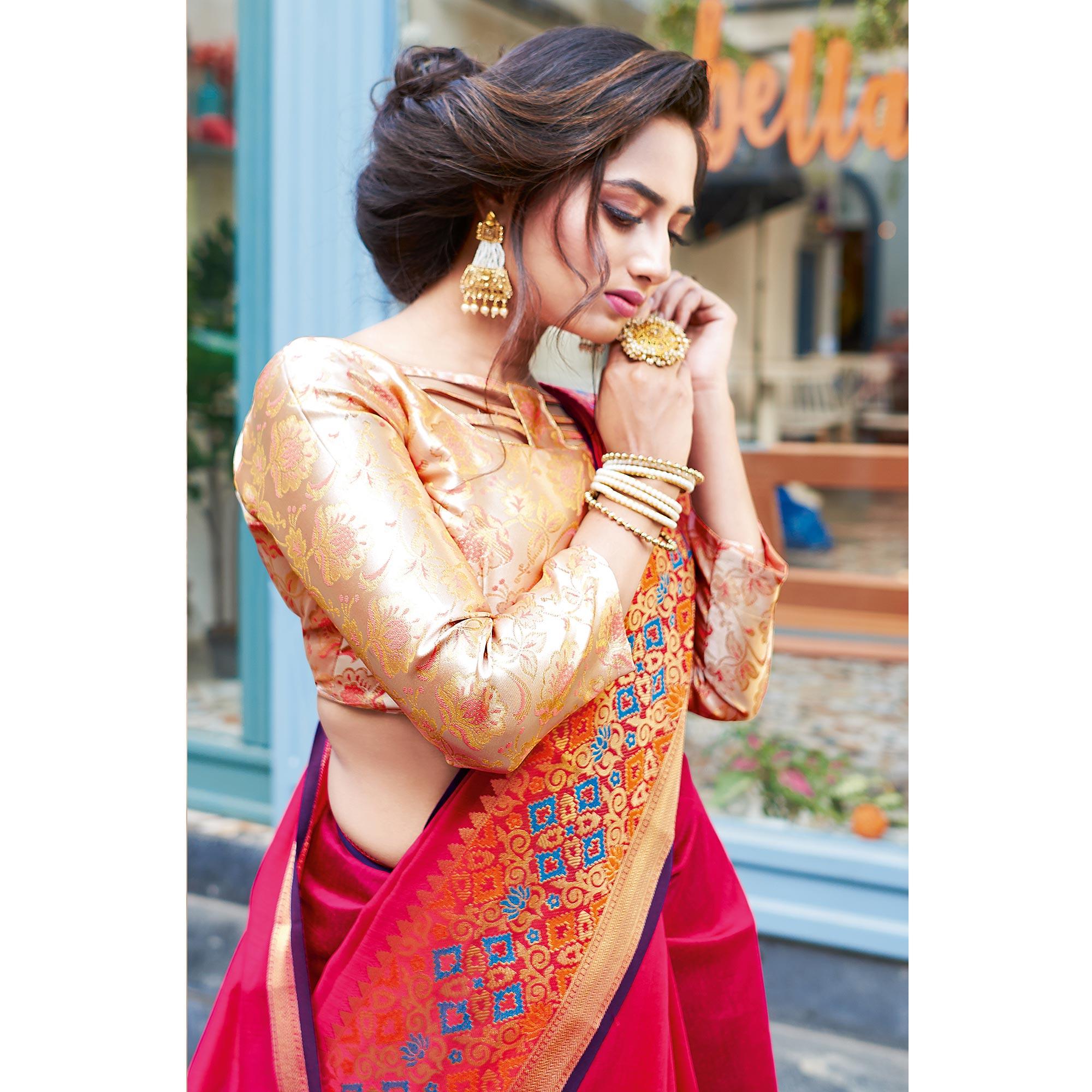 Pleasant Red Colored Festive Wear Woven Cotton Silk Saree - Peachmode