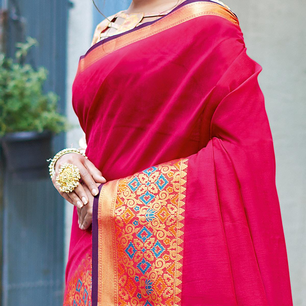 Pleasant Red Colored Festive Wear Woven Cotton Silk Saree - Peachmode