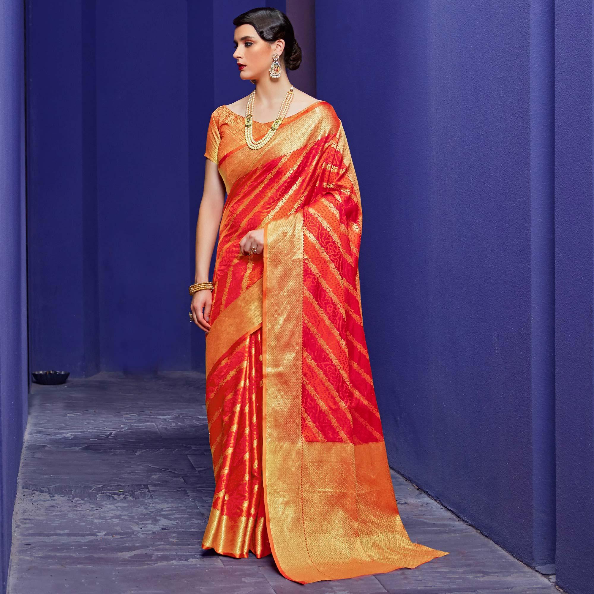 Pleasant Red Colored Festive Wear Woven Indian Patola Silk Saree - Peachmode