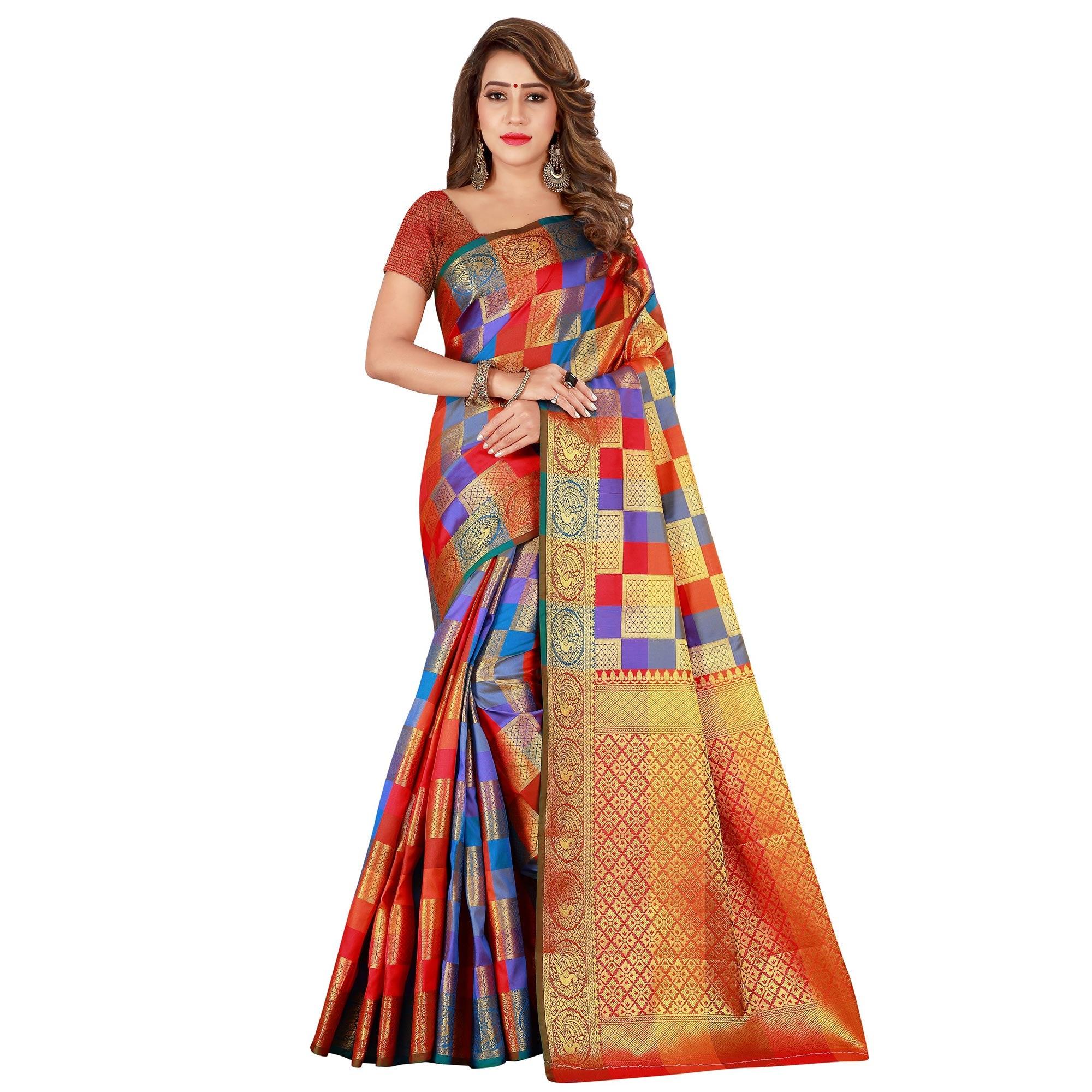 Pleasant Red-Multi Colored Festive Wear Art Silk Saree - Peachmode