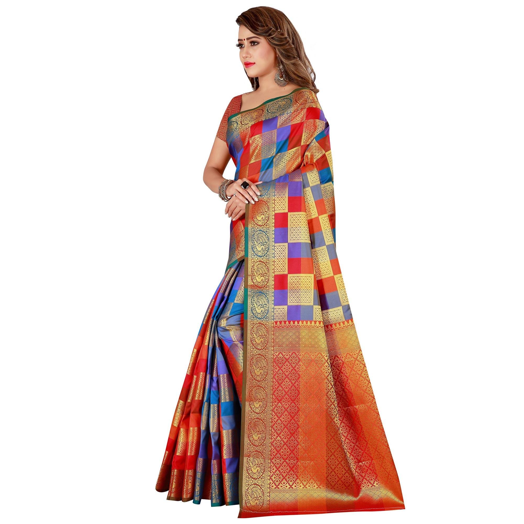 Pleasant Red-Multi Colored Festive Wear Art Silk Saree - Peachmode
