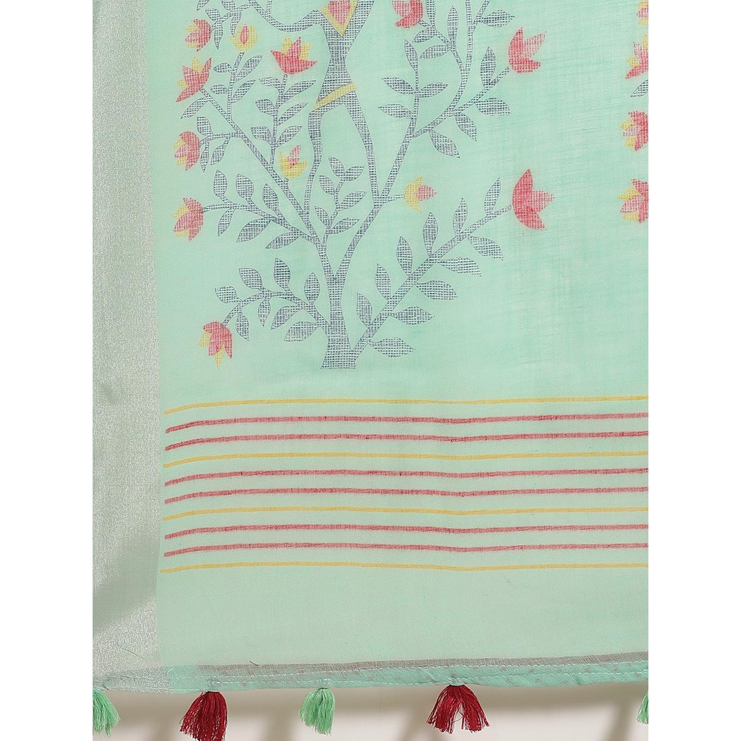 Pleasant Sea Green Colored Casual Wear Printed Linen Saree - Peachmode