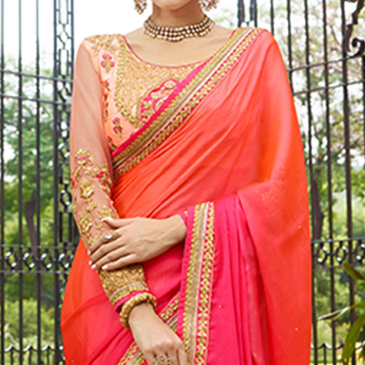 Pleasant Shaded Pink Colored Partywear Embroidered Silk Saree - Peachmode