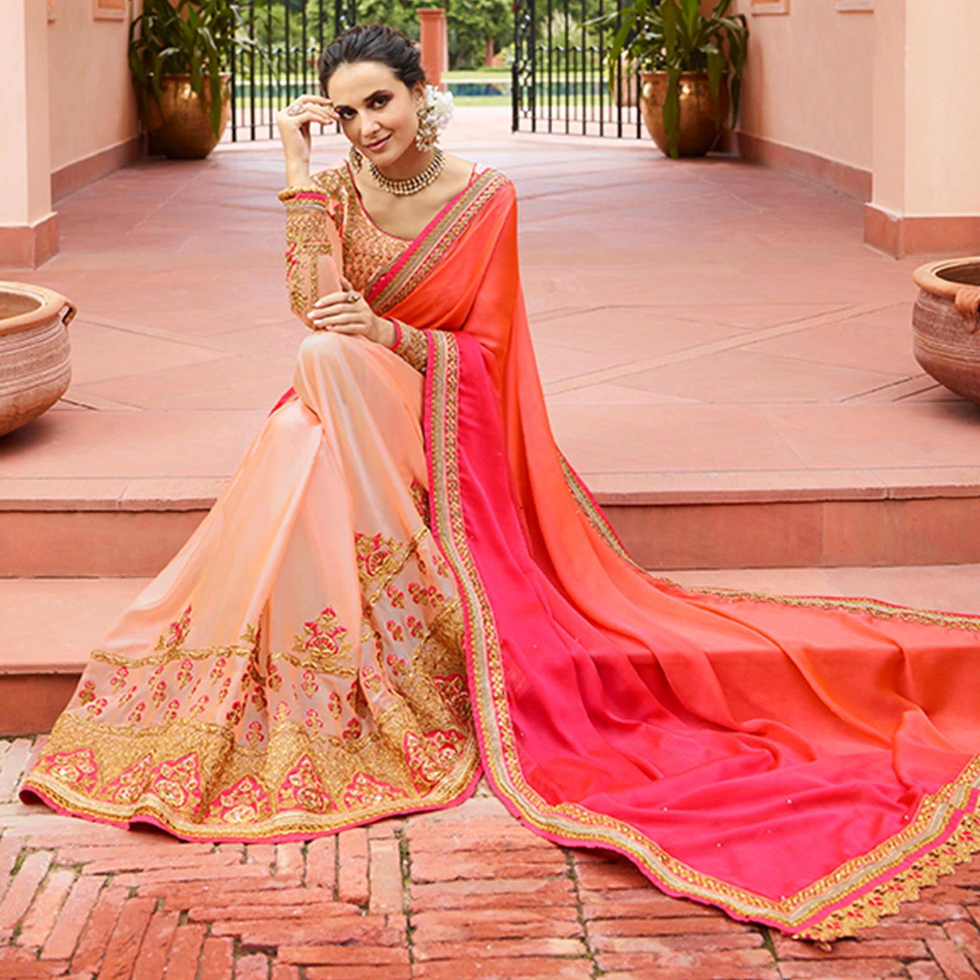 Pleasant Shaded Pink Colored Partywear Embroidered Silk Saree - Peachmode