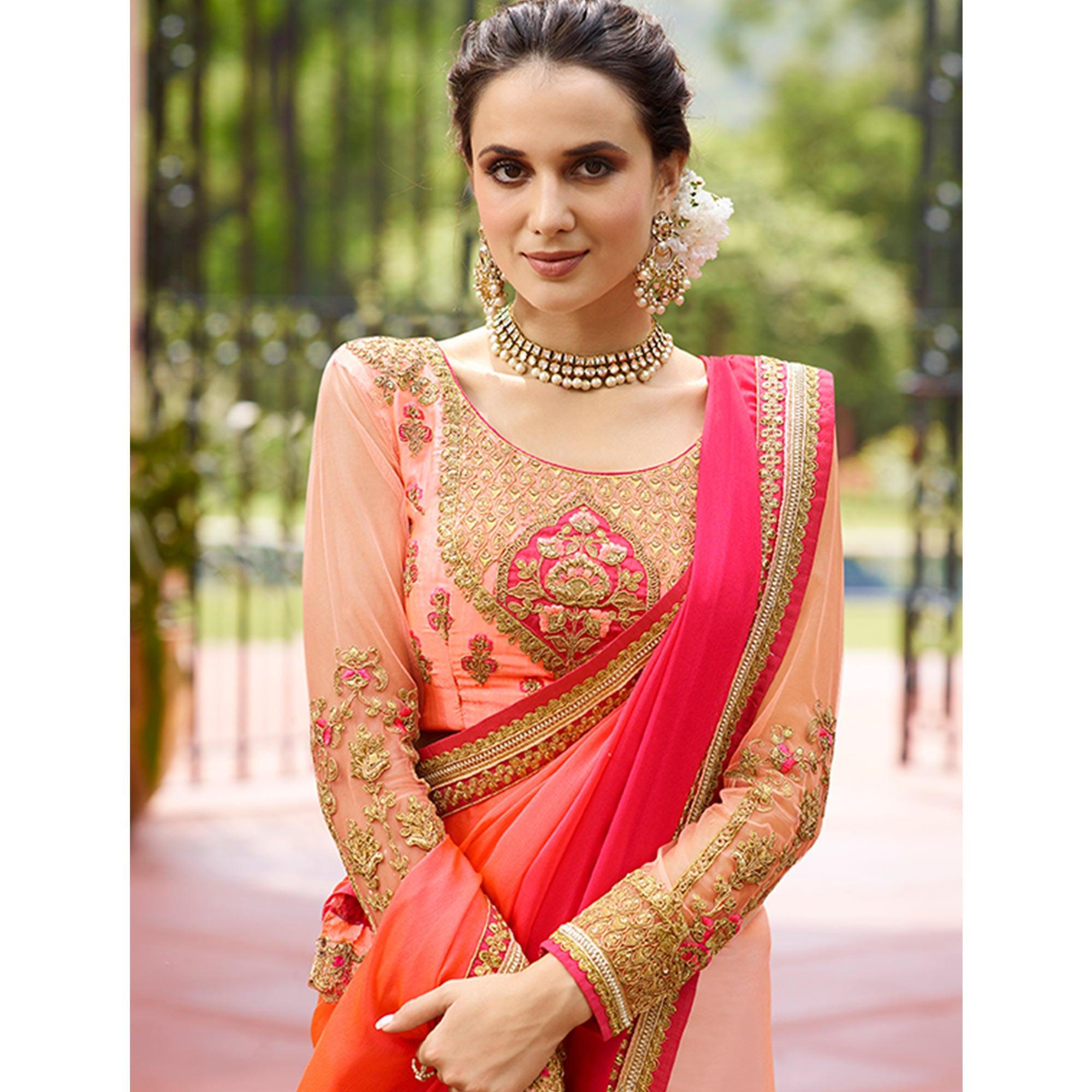 Pleasant Shaded Pink Colored Partywear Embroidered Silk Saree - Peachmode
