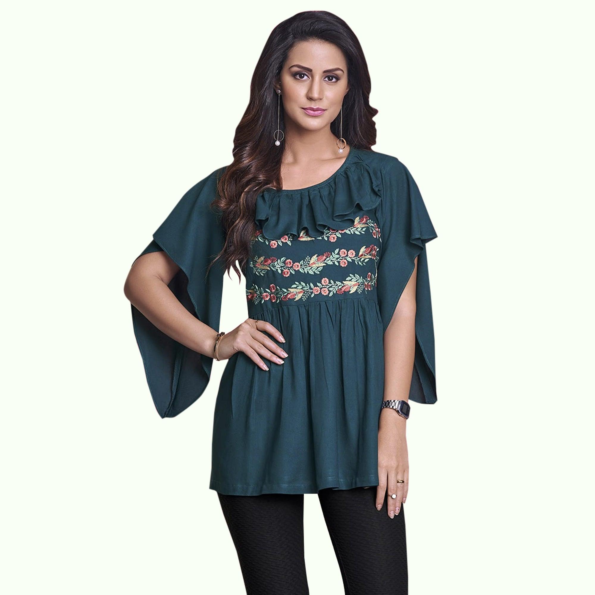 Pleasant Teal Green Colored Partywear Embroidered Rayon Western Top - Peachmode