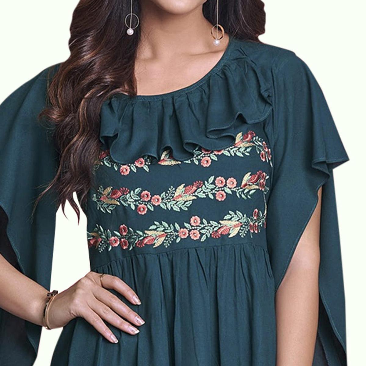 Pleasant Teal Green Colored Partywear Embroidered Rayon Western Top - Peachmode
