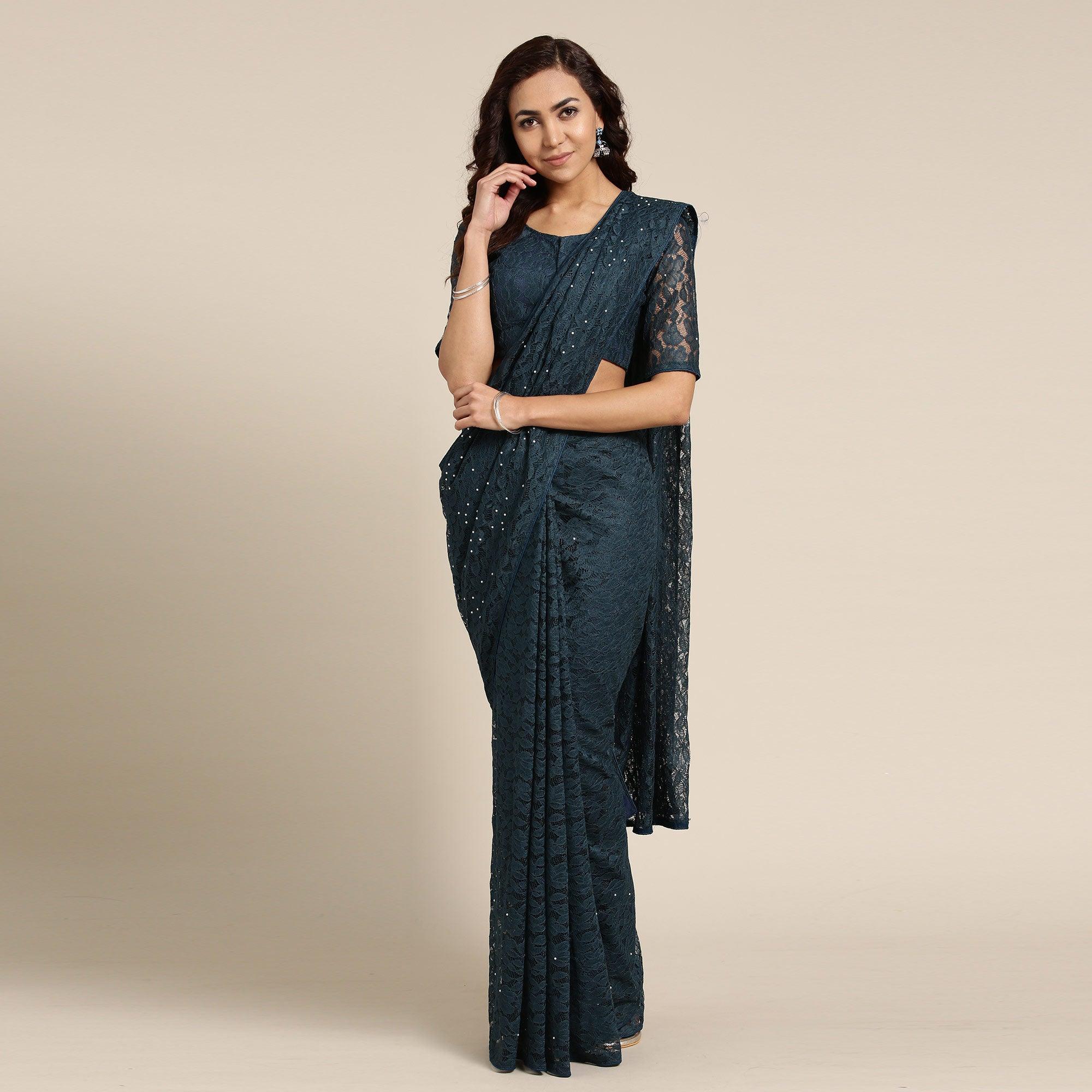 Pleasant Teal Green Colored Partywear Netted Saree - Peachmode