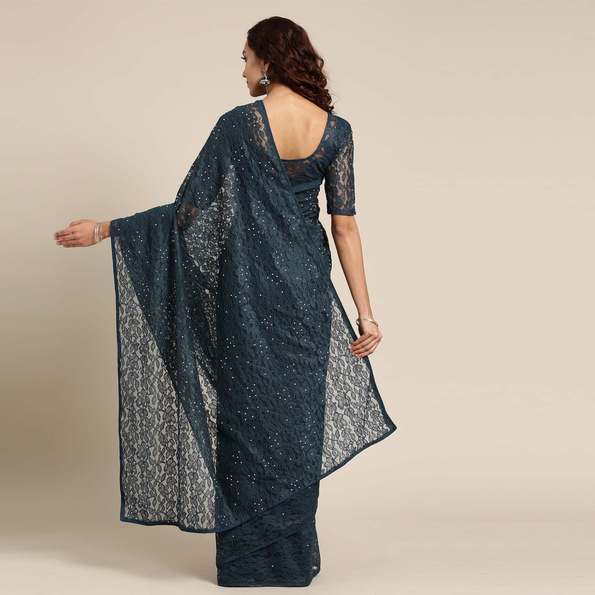 Pleasant Teal Green Colored Partywear Netted Saree - Peachmode