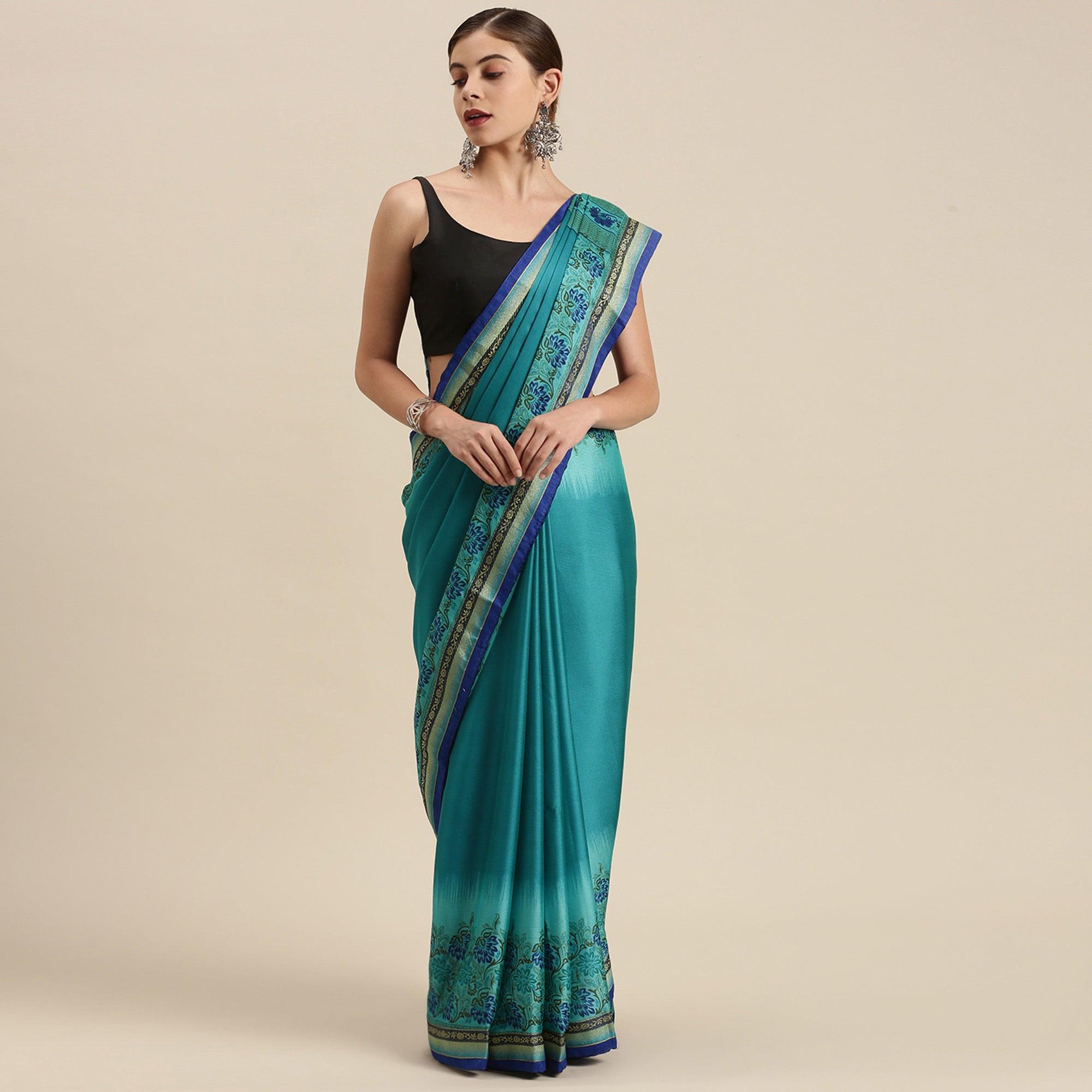 Pleasant Turquoise Blue Colored Partywear Printed Rangoli Silk Saree - Peachmode