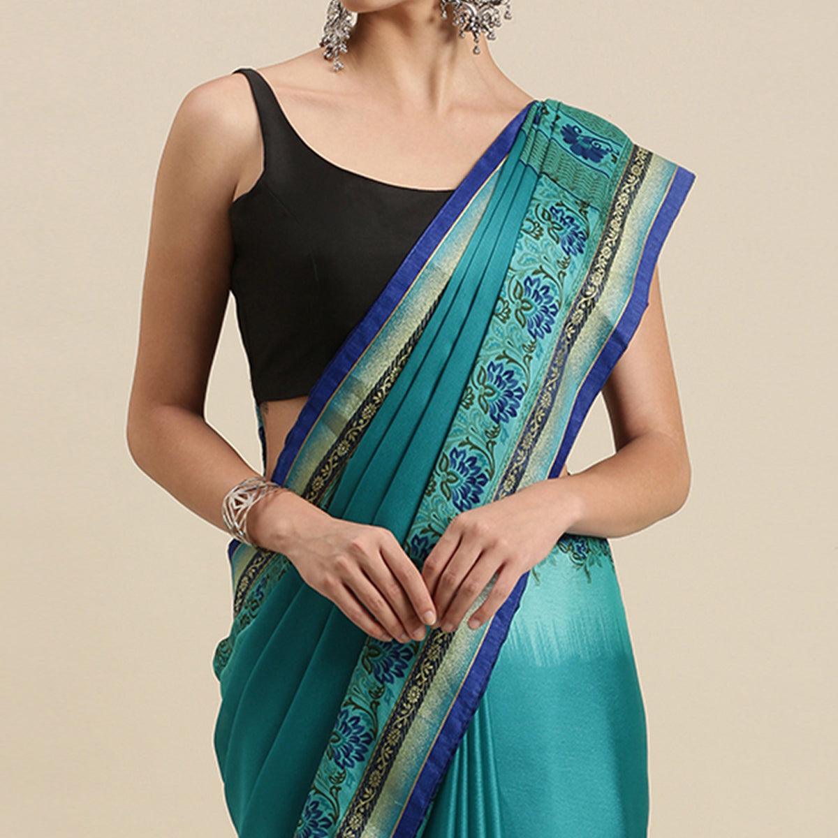 Pleasant Turquoise Blue Colored Partywear Printed Rangoli Silk Saree - Peachmode