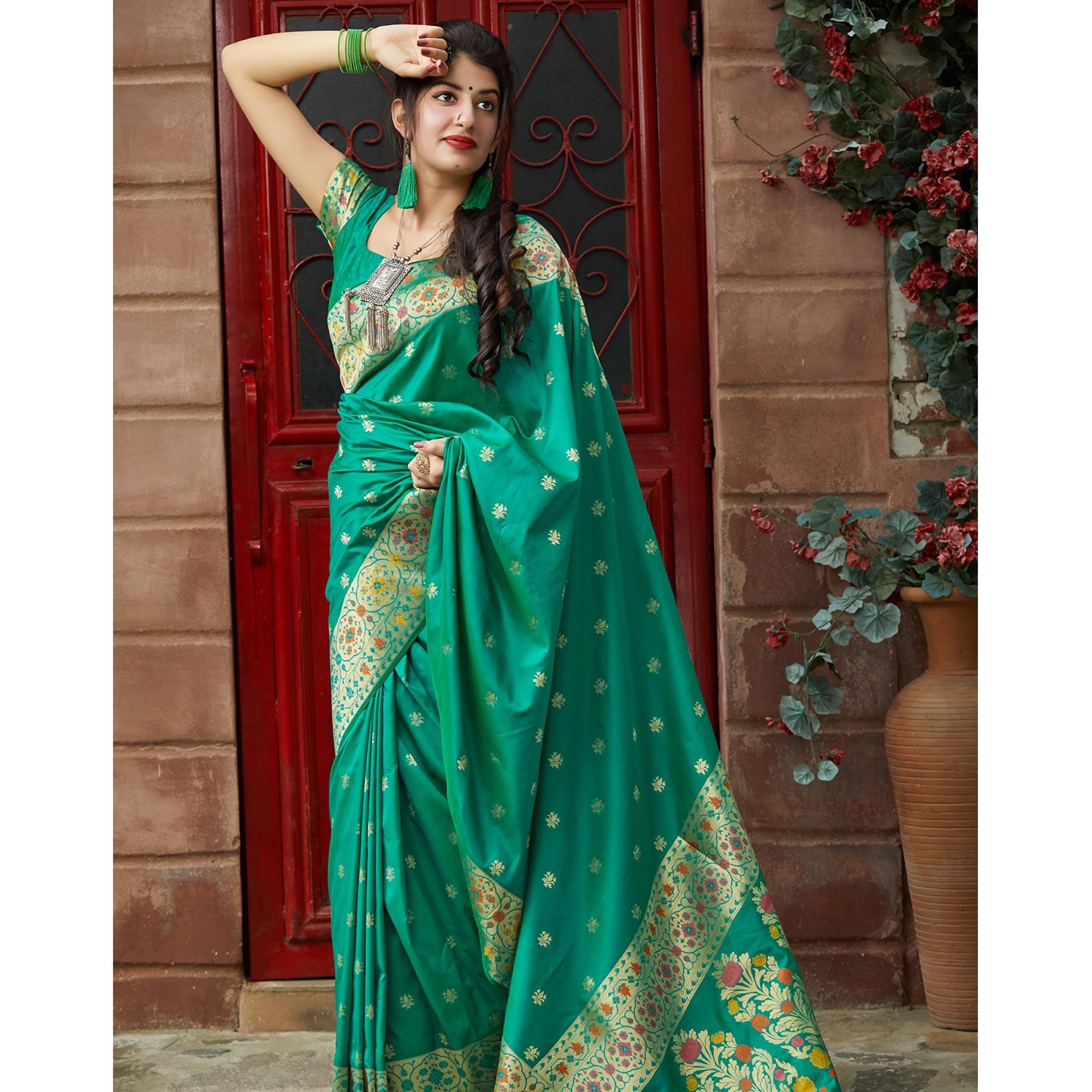 Pleasant Turquoise Green Colored Festive Wear Woven Soft Silk Saree - Peachmode