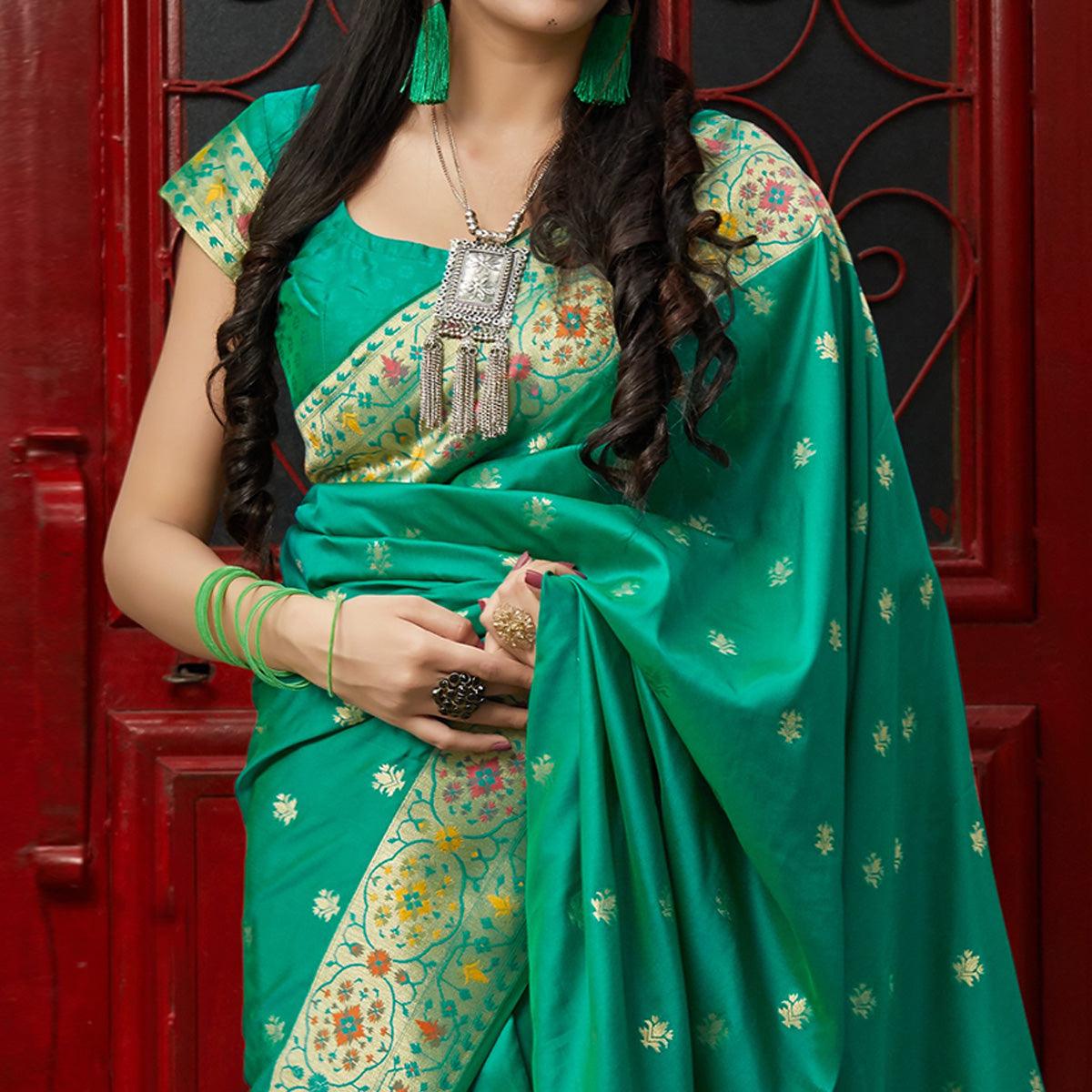 Pleasant Turquoise Green Colored Festive Wear Woven Soft Silk Saree - Peachmode