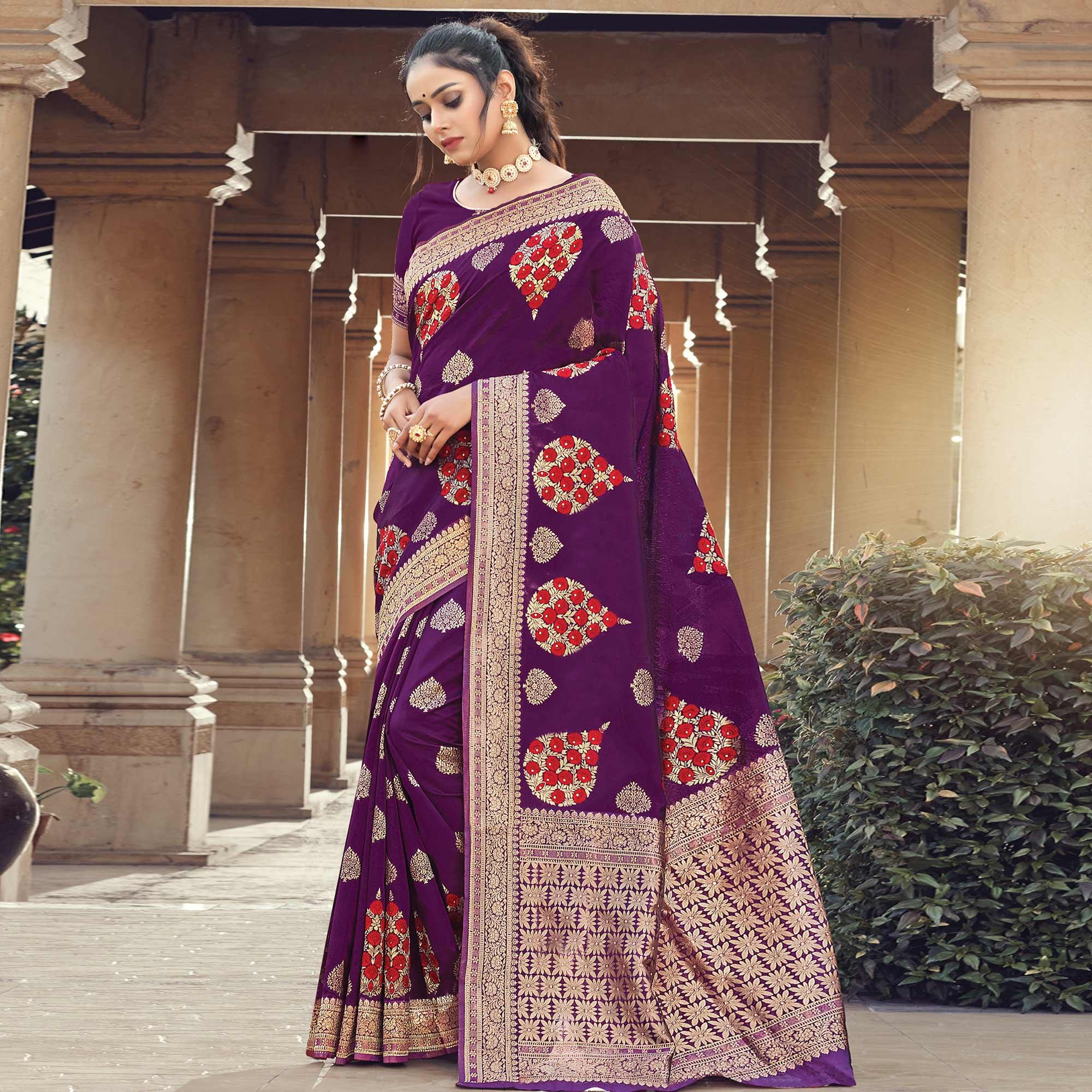 Pleasant Violet Colored Festive Wear Woven Silk Saree - Peachmode
