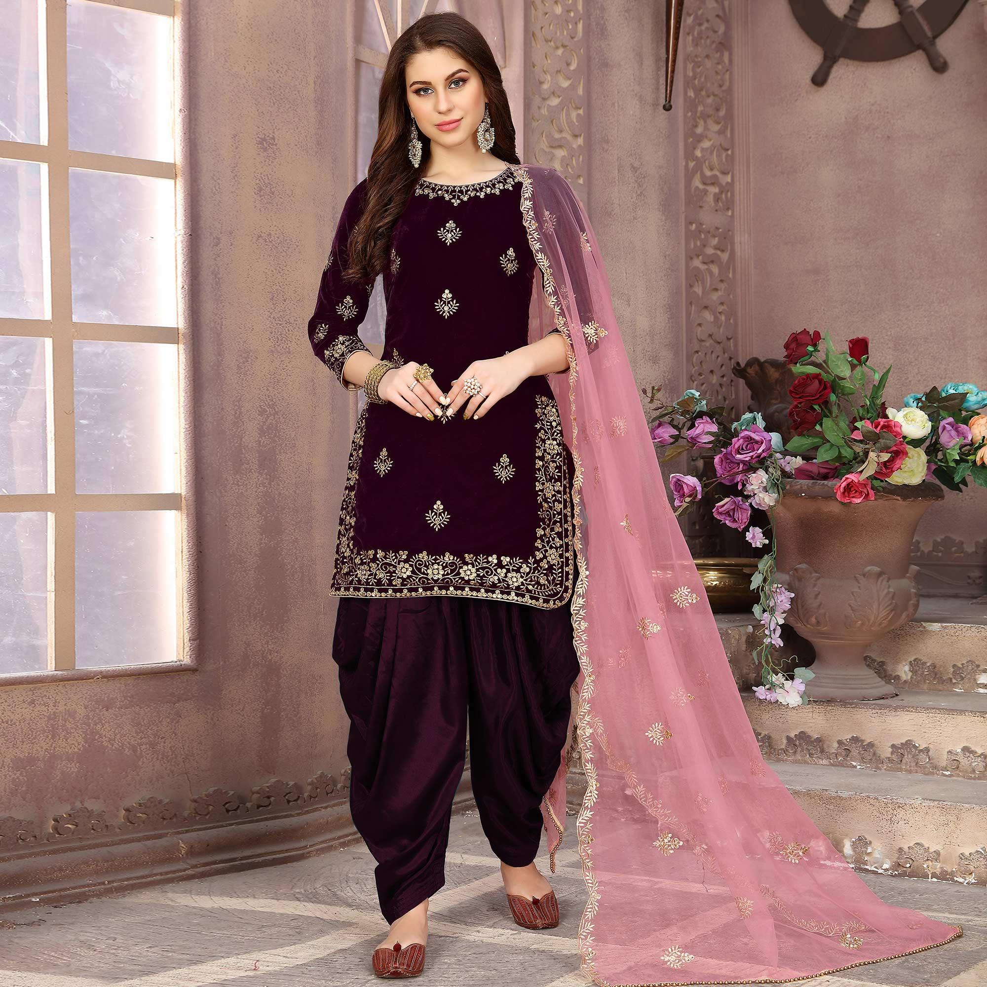 Pleasant Wine Colored Partywear Embroidered Velvet Patiala Suit - Peachmode