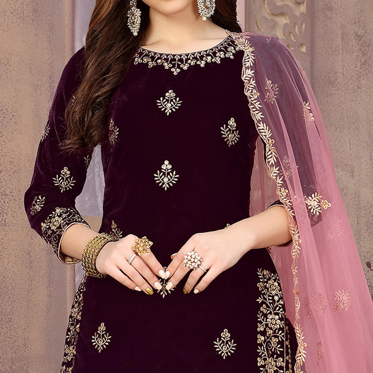 Pleasant Wine Colored Partywear Embroidered Velvet Patiala Suit - Peachmode