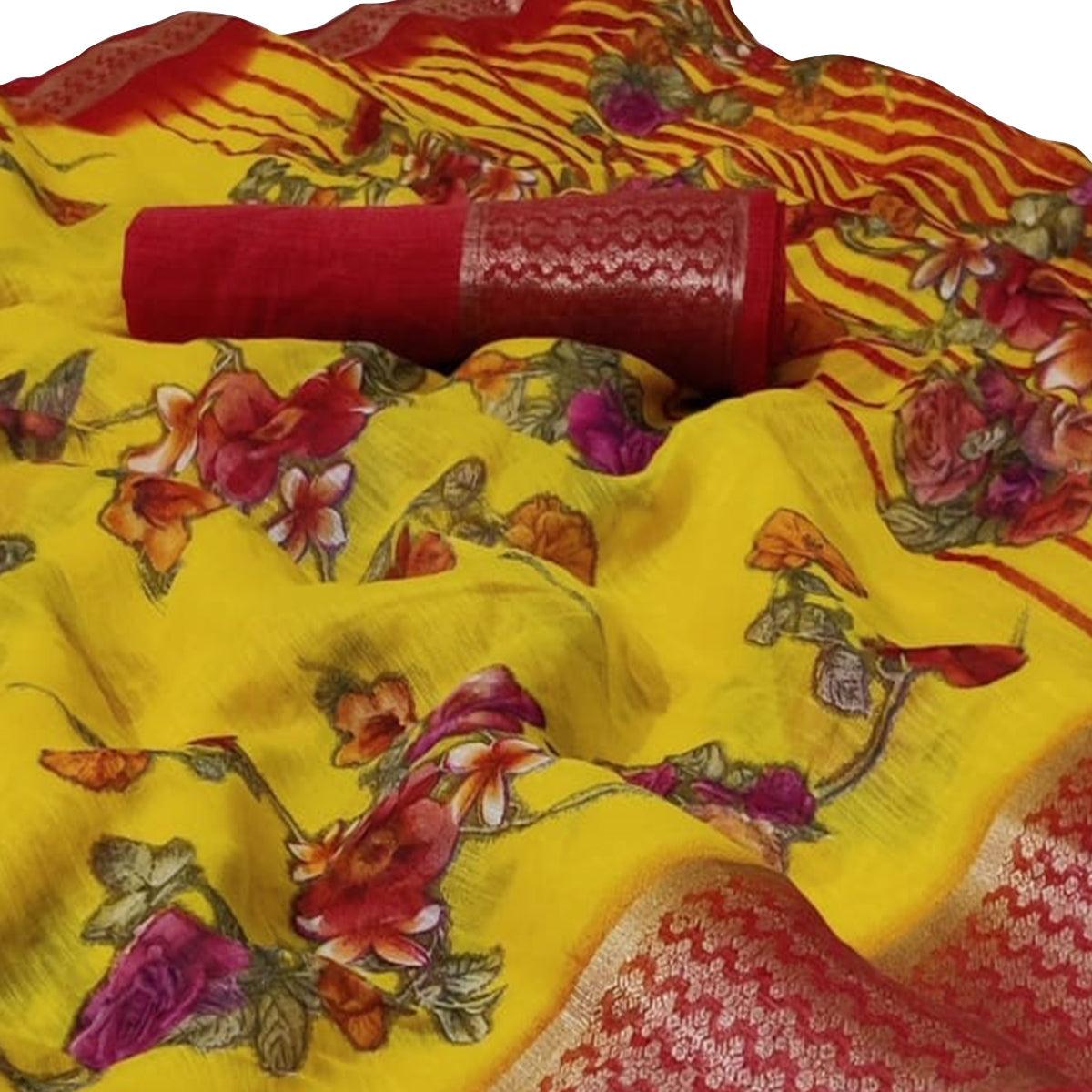 Pleasant Yellow Colored Casual Wear Floral Printed Linen Saree - Peachmode