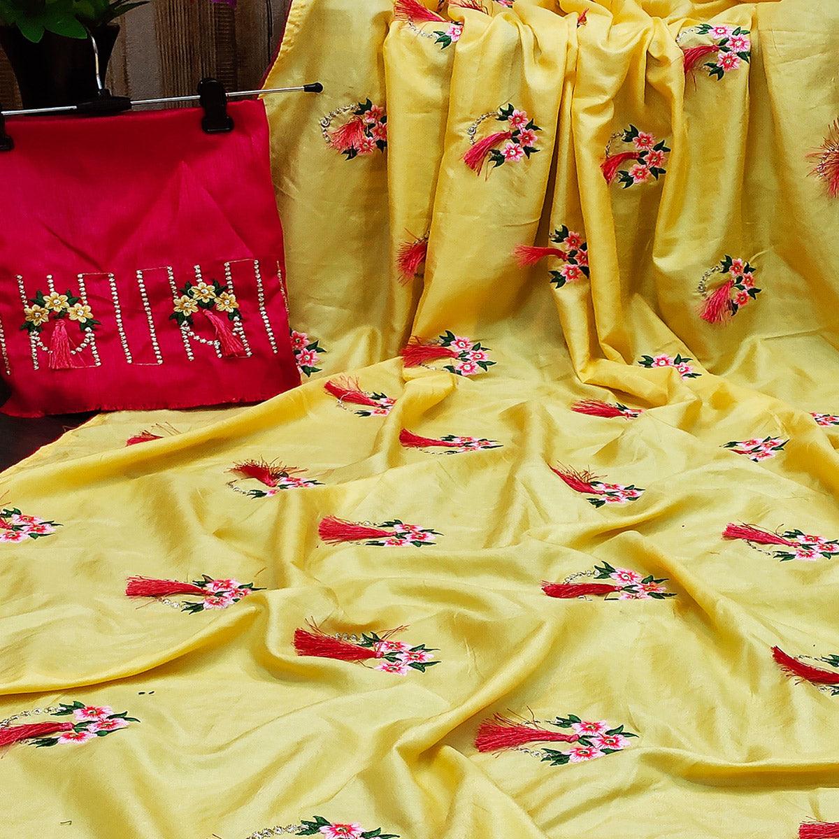 Pleasant Yellow Colored Partywear Embroidered Dola Silk Saree - Peachmode