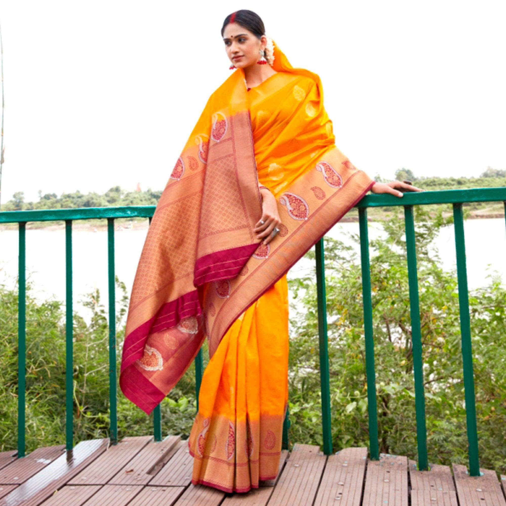 Pleasant Yellow Coloured Partywear Heavy Zari Work Banarasi Silk Saree - Peachmode