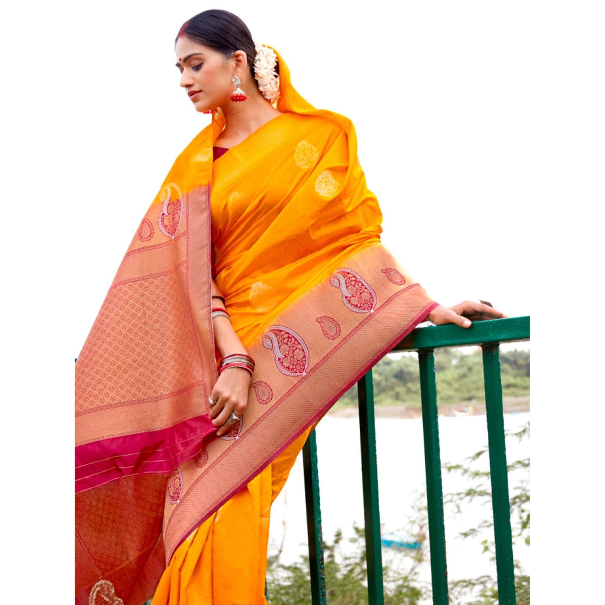 Pleasant Yellow Coloured Partywear Heavy Zari Work Banarasi Silk Saree - Peachmode