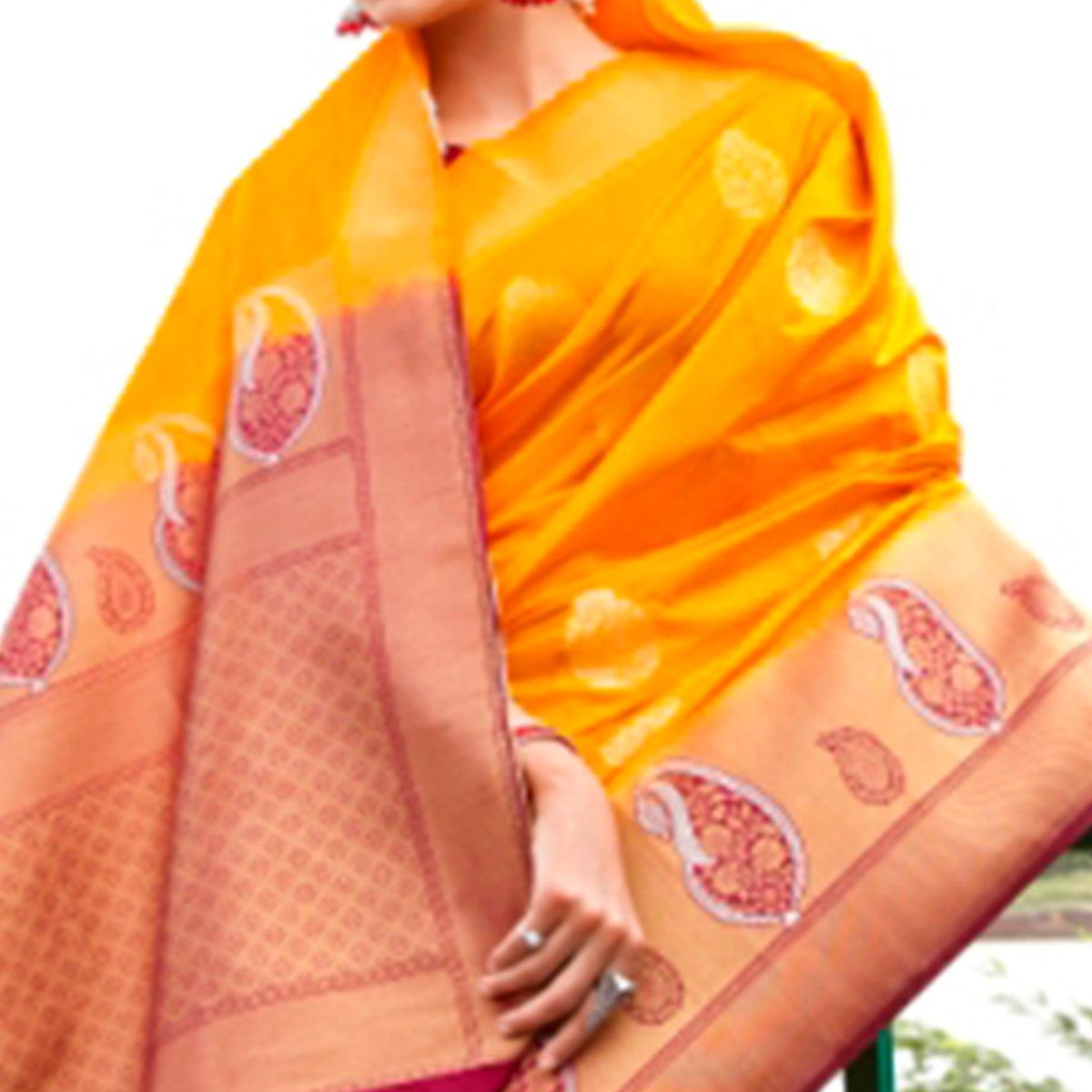Pleasant Yellow Coloured Partywear Heavy Zari Work Banarasi Silk Saree - Peachmode