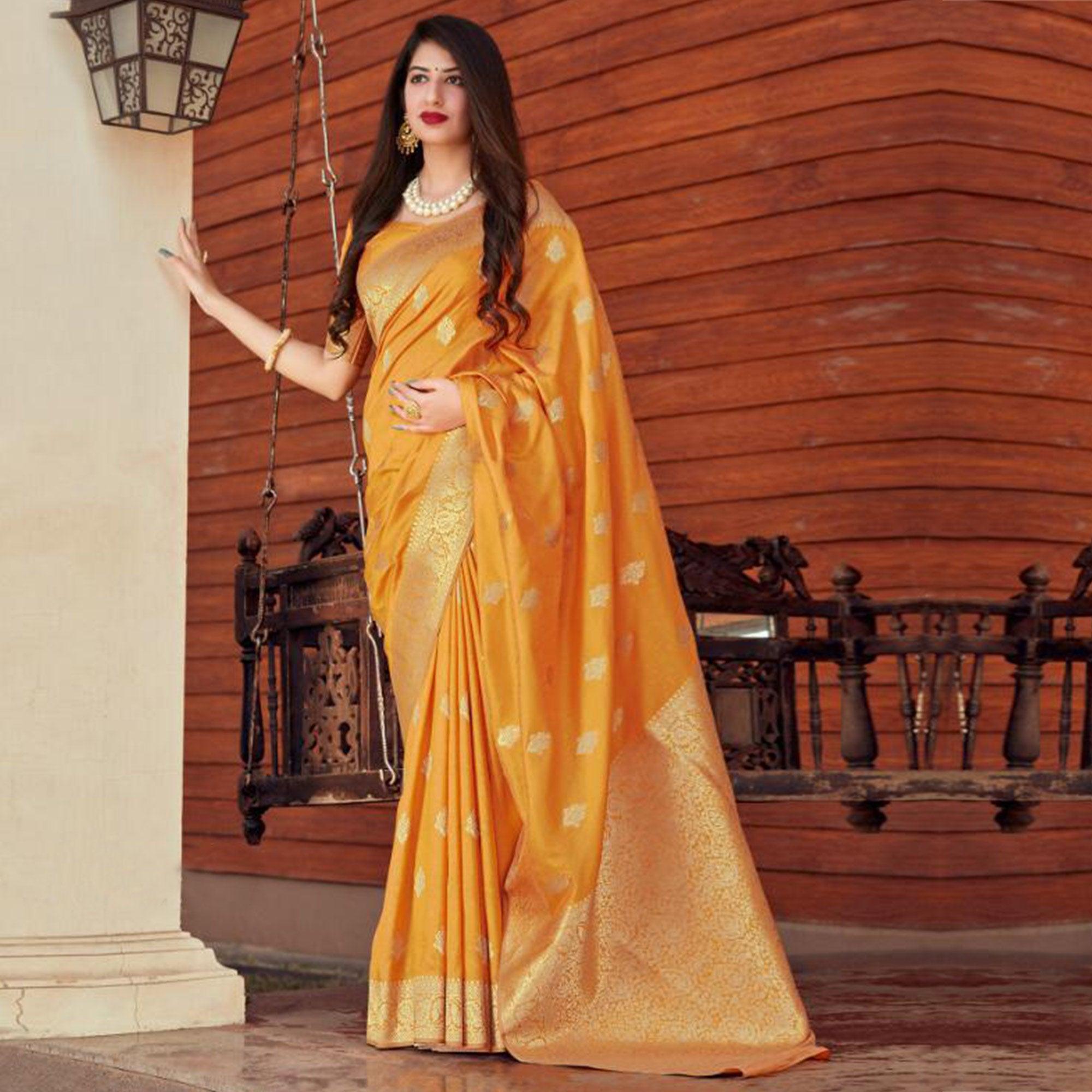 Pleasant Yellow Coloured Partywear Woven Silk Saree - Peachmode