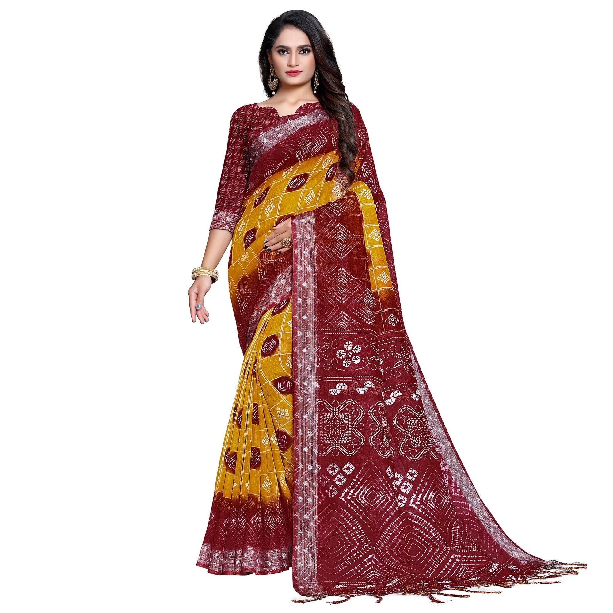 Pleasant Yellow-Red Colored Casual Bandhani Printed Pure Linen Saree - Peachmode