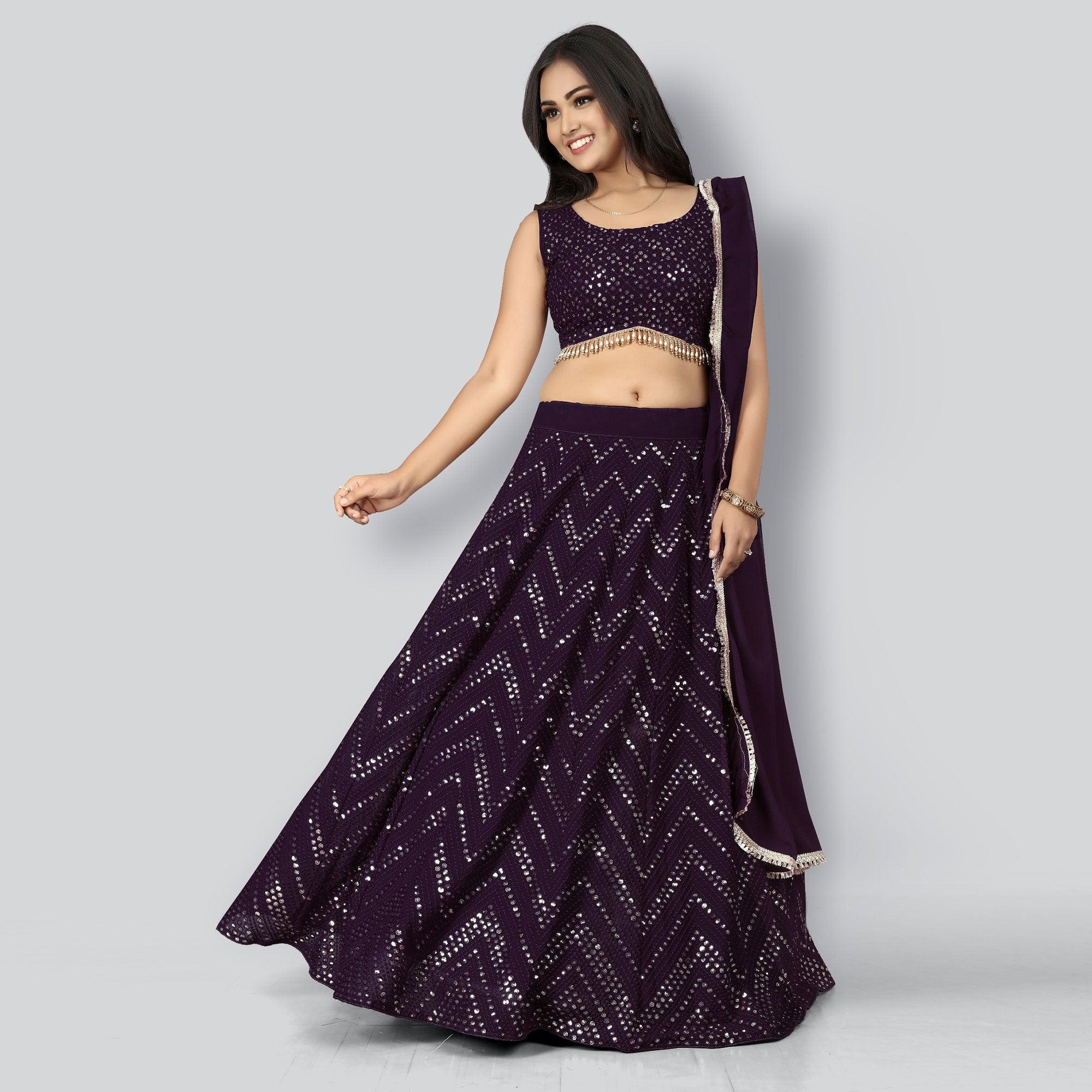 Plum Party Wear Sequence Embroidered Georgette Lehenga Choli - Peachmode