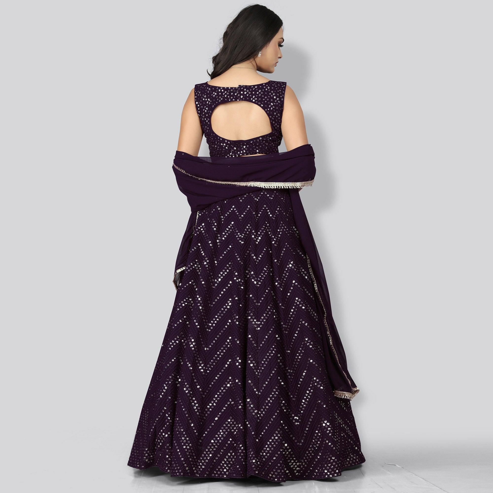 Plum Party Wear Sequence Embroidered Georgette Lehenga Choli - Peachmode
