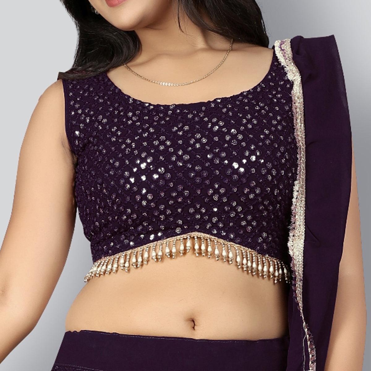 Plum Party Wear Sequence Embroidered Georgette Lehenga Choli - Peachmode