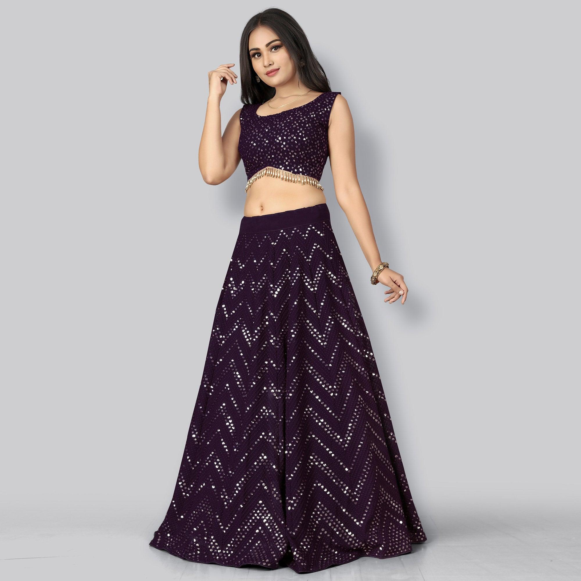 Plum Party Wear Sequence Embroidered Georgette Lehenga Choli - Peachmode