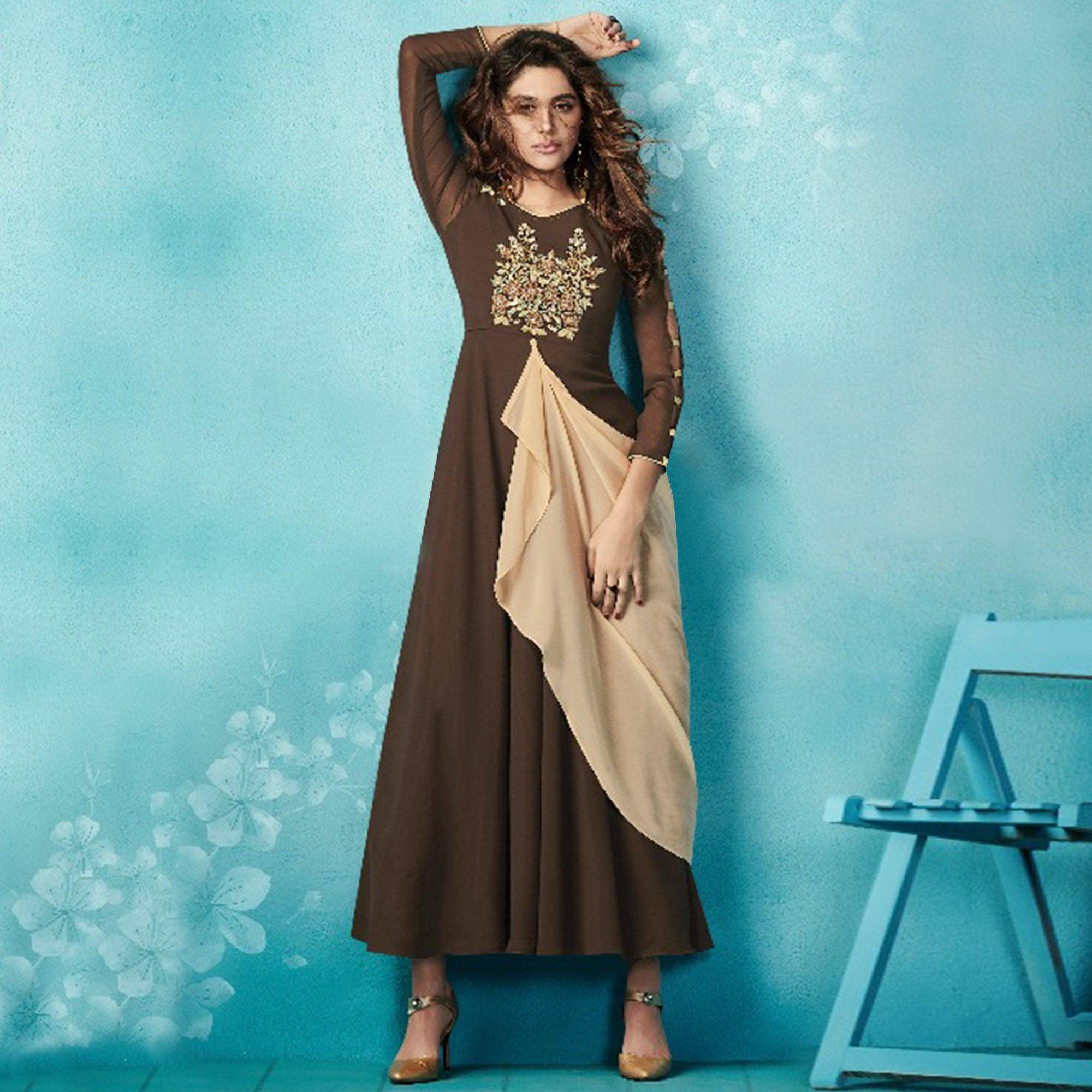 strapless open back dress Precious Dark Brown Colored Embroidered Party Wear Faux Georgette Kurti